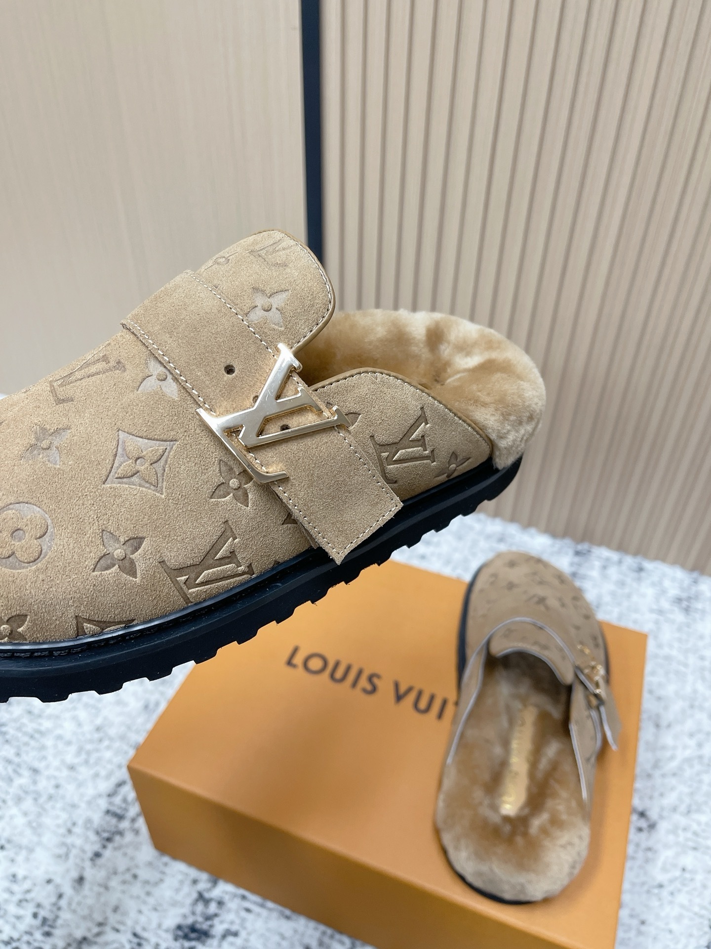 Louis Vuitton Beige Monogram Suede Shearling Comfort Mules
