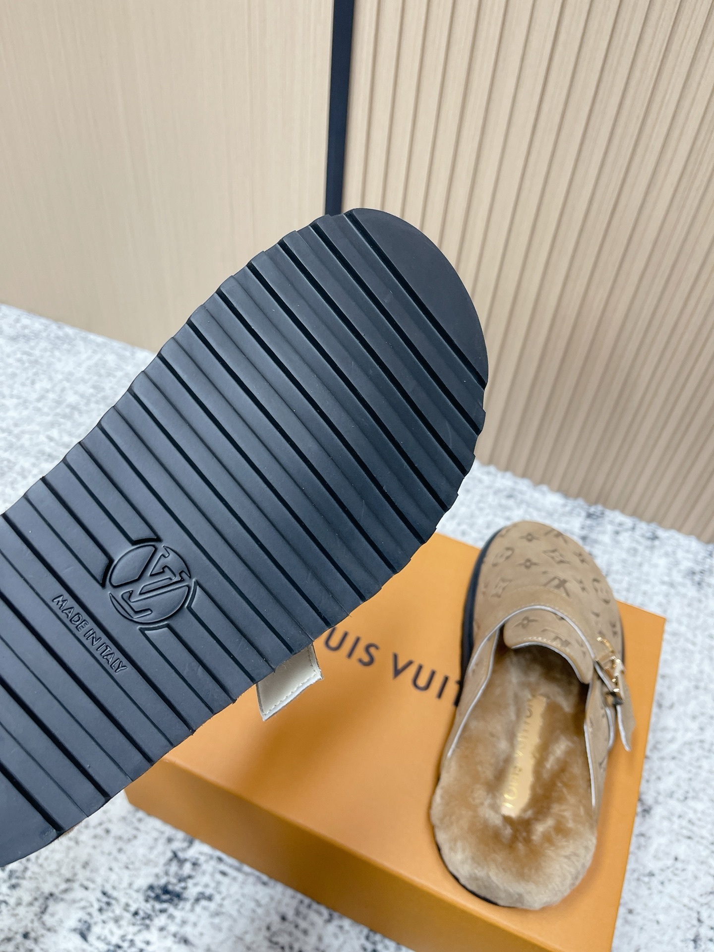 Louis Vuitton Beige Monogram Suede Shearling Comfort Mules