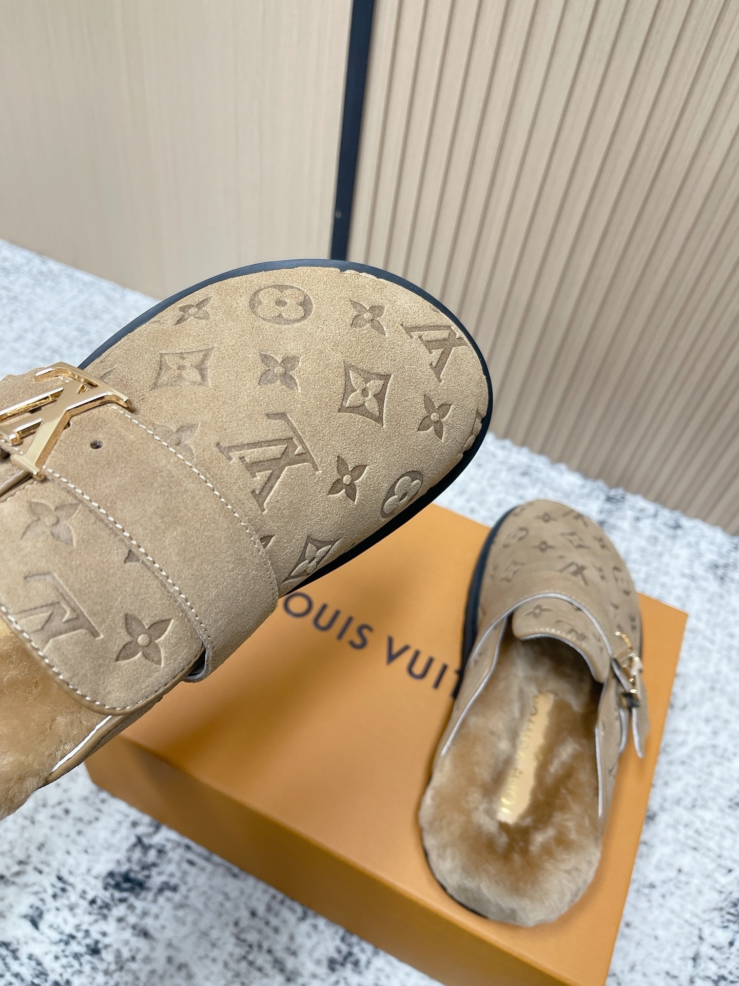 Louis Vuitton Beige Monogram Suede Shearling Comfort Mules
