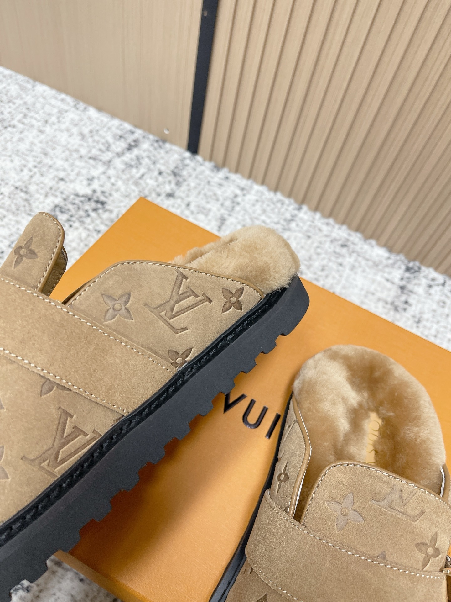 Louis Vuitton Beige Monogram Suede Shearling Comfort Mules
