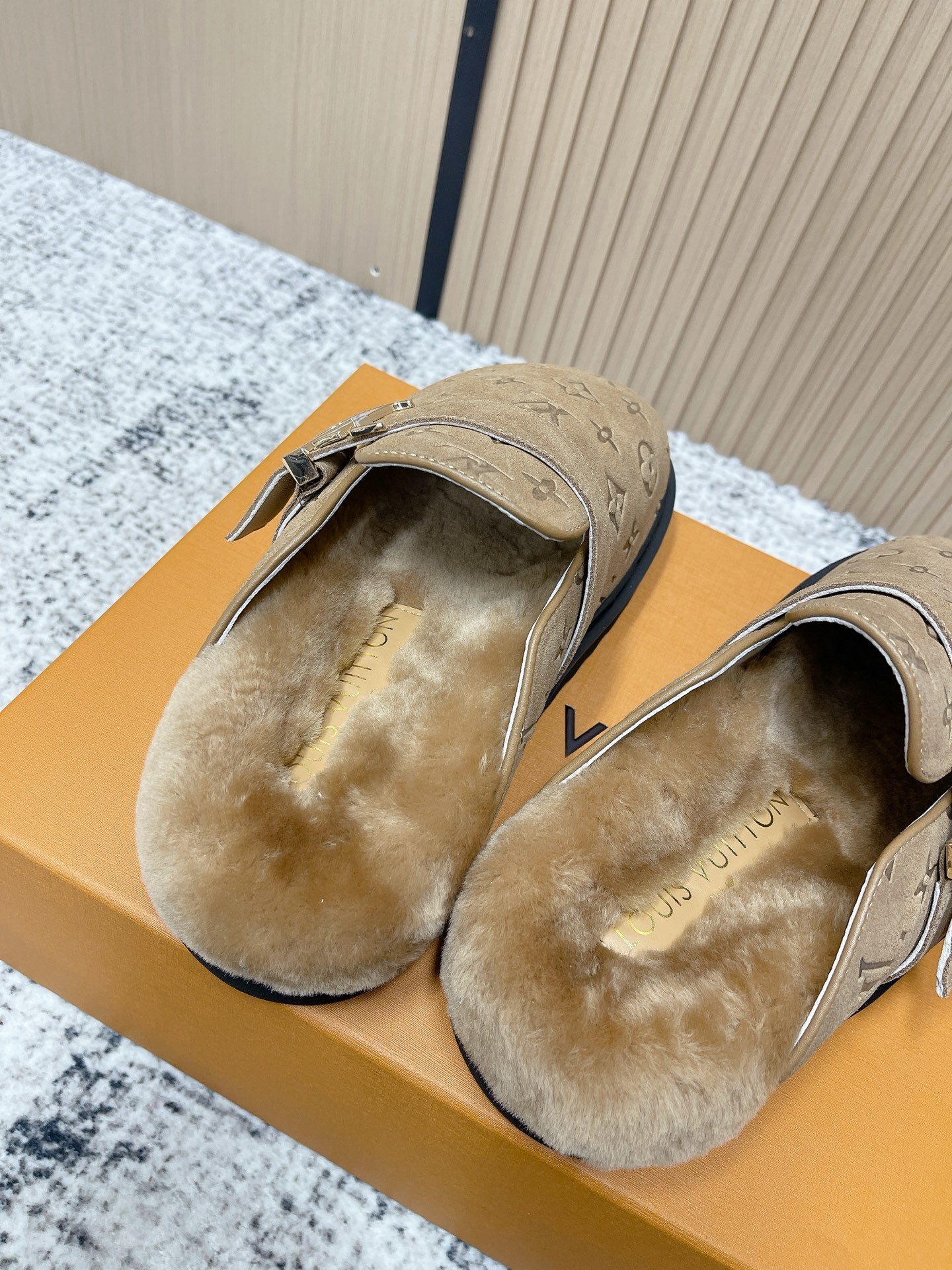 Louis Vuitton Beige Monogram Suede Shearling Comfort Mules