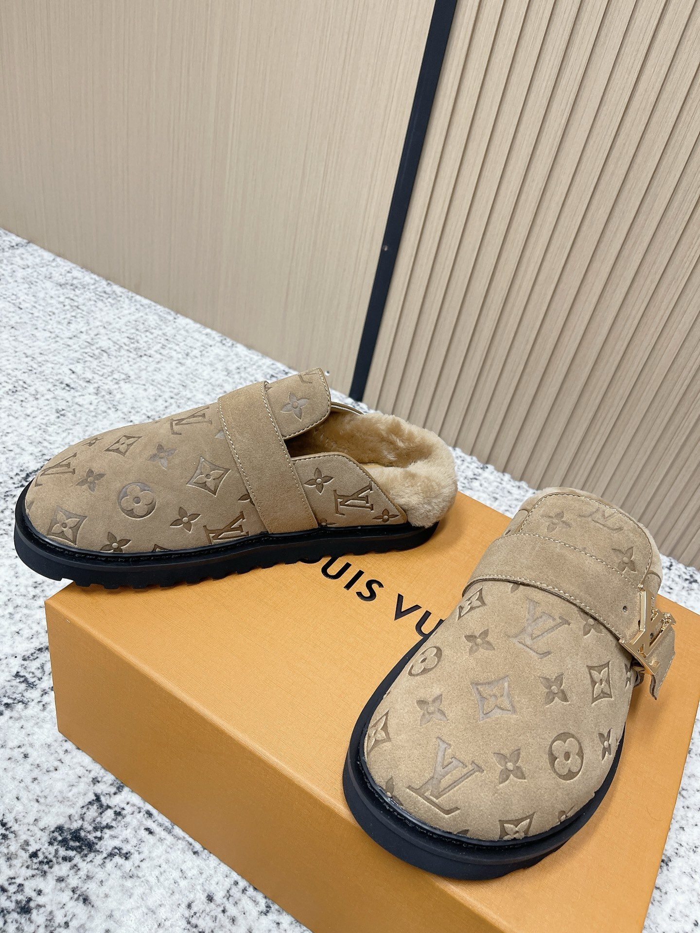 Louis Vuitton Beige Monogram Suede Shearling Comfort Mules