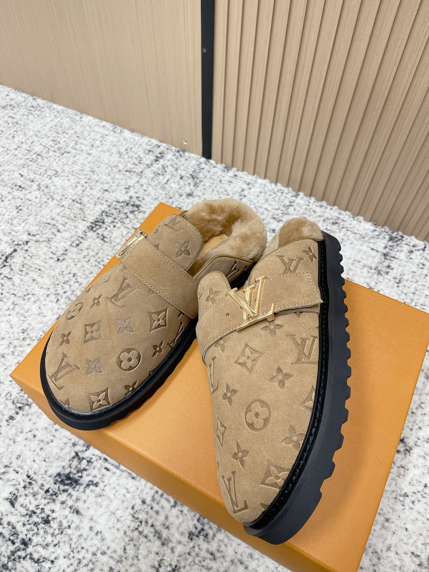 Louis Vuitton Beige Monogram Suede Shearling Comfort Mules