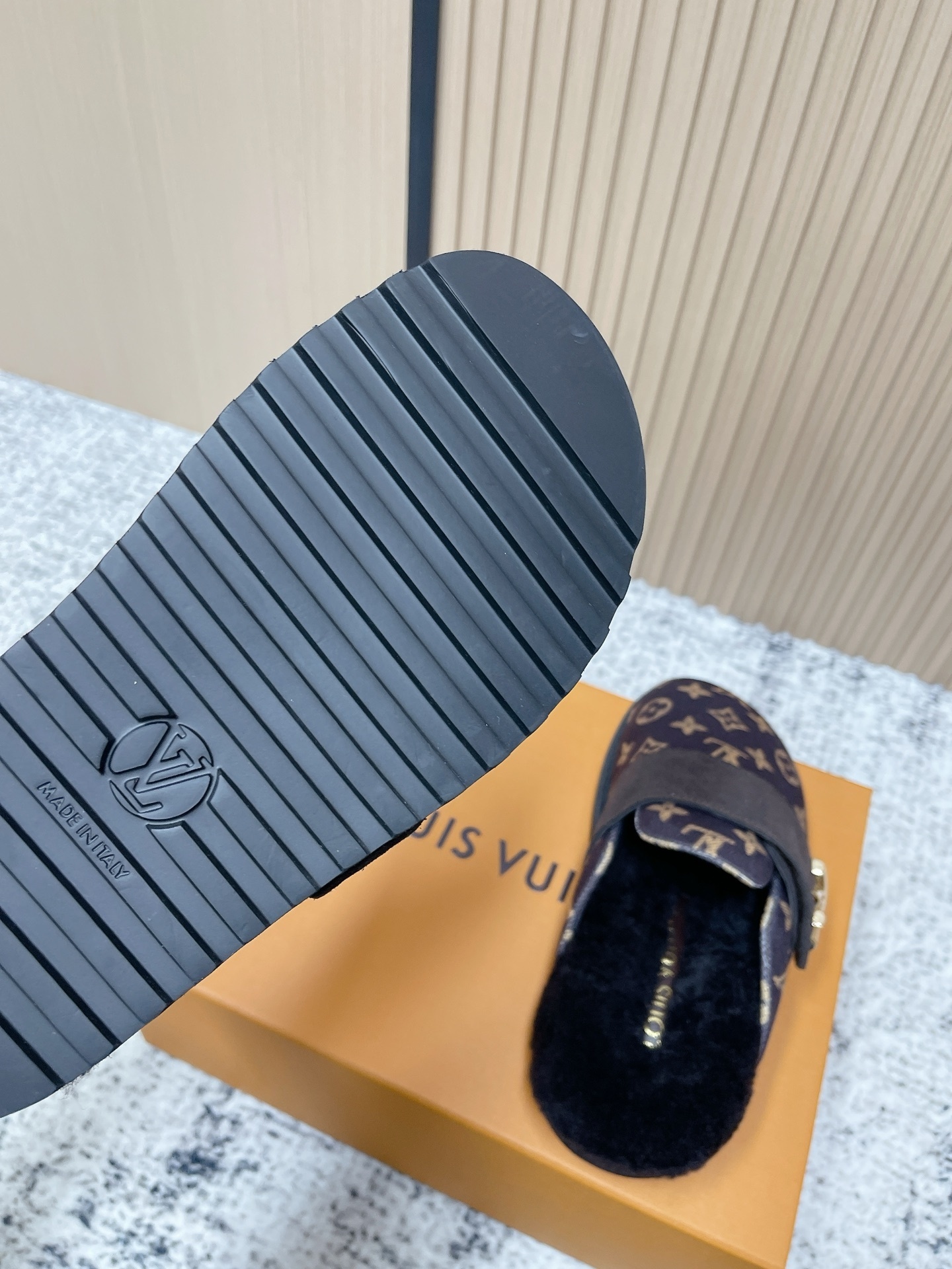 Luxury Monogram Canvas Shearling Mules with Gold Buckle