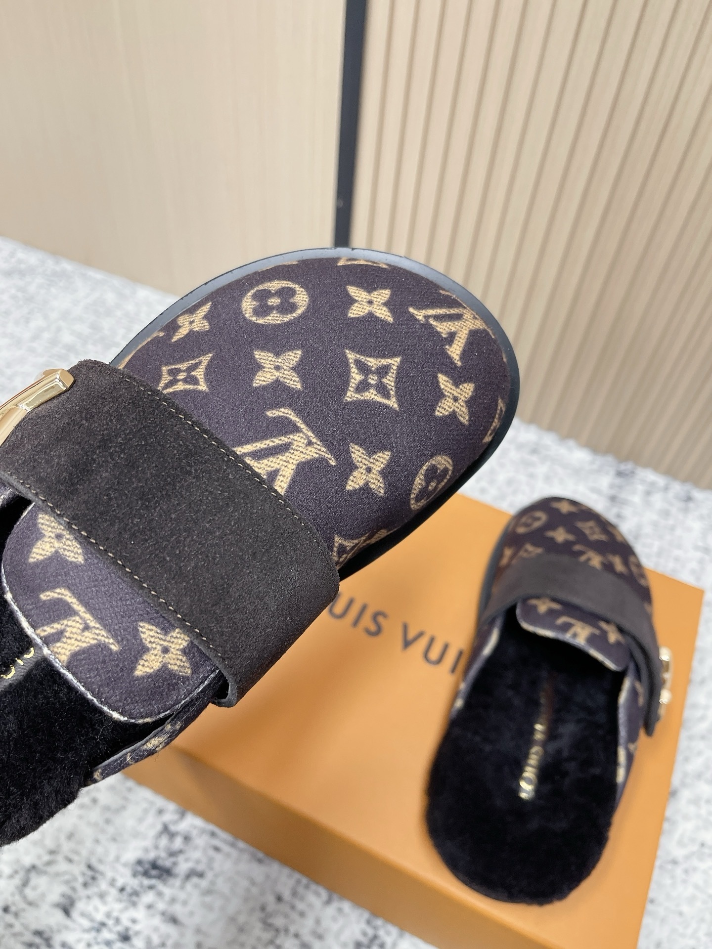 Luxury Monogram Canvas Shearling Mules with Gold Buckle