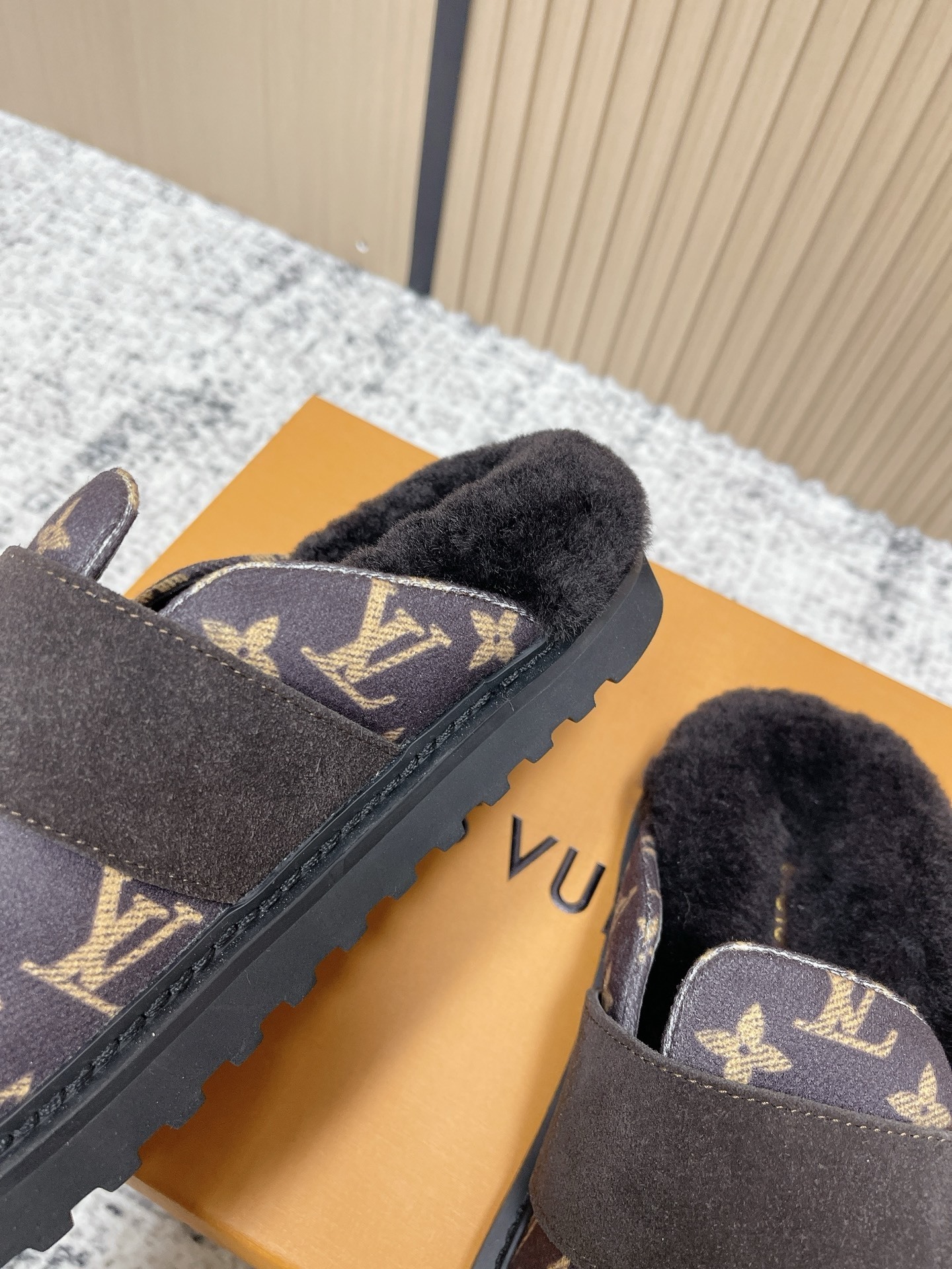 Luxury Monogram Canvas Shearling Mules with Gold Buckle