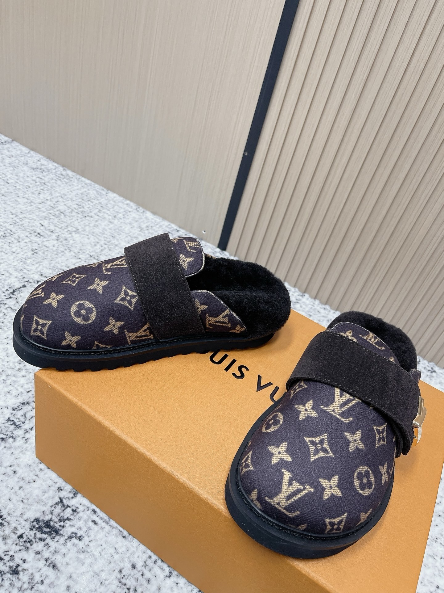 Luxury Monogram Canvas Shearling Mules with Gold Buckle