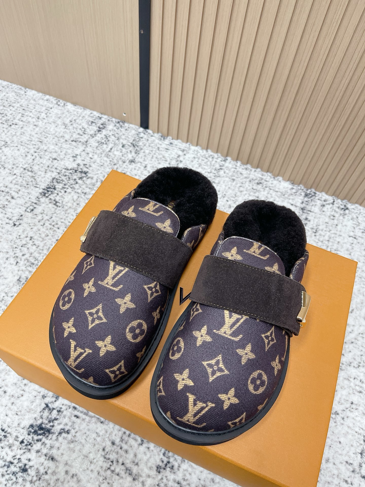 Luxury Monogram Canvas Shearling Mules with Gold Buckle