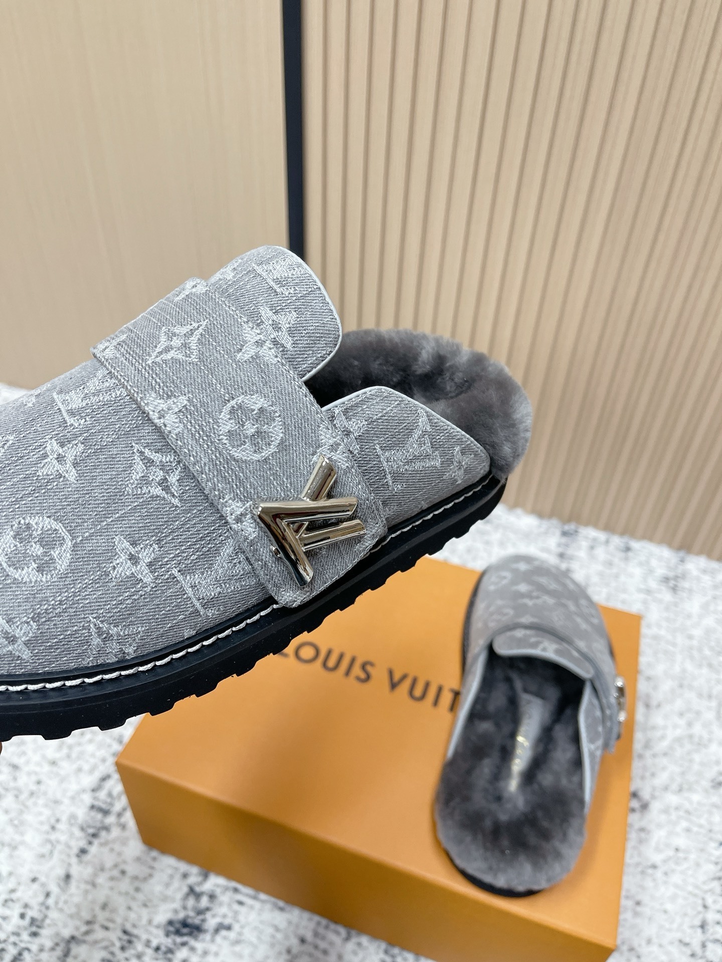 Louis Vuitton Style Grey Monogram Denim Fur-Lined Mules