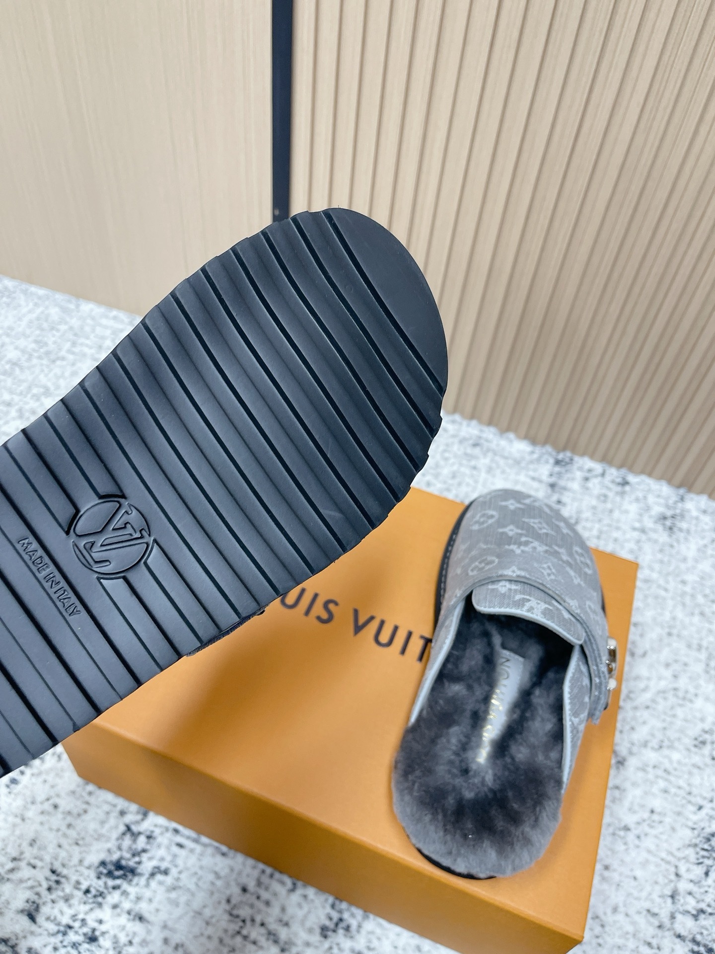 Louis Vuitton Style Grey Monogram Denim Fur-Lined Mules
