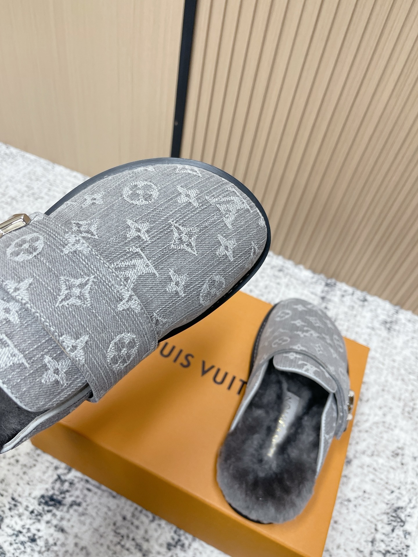 Louis Vuitton Style Grey Monogram Denim Fur-Lined Mules