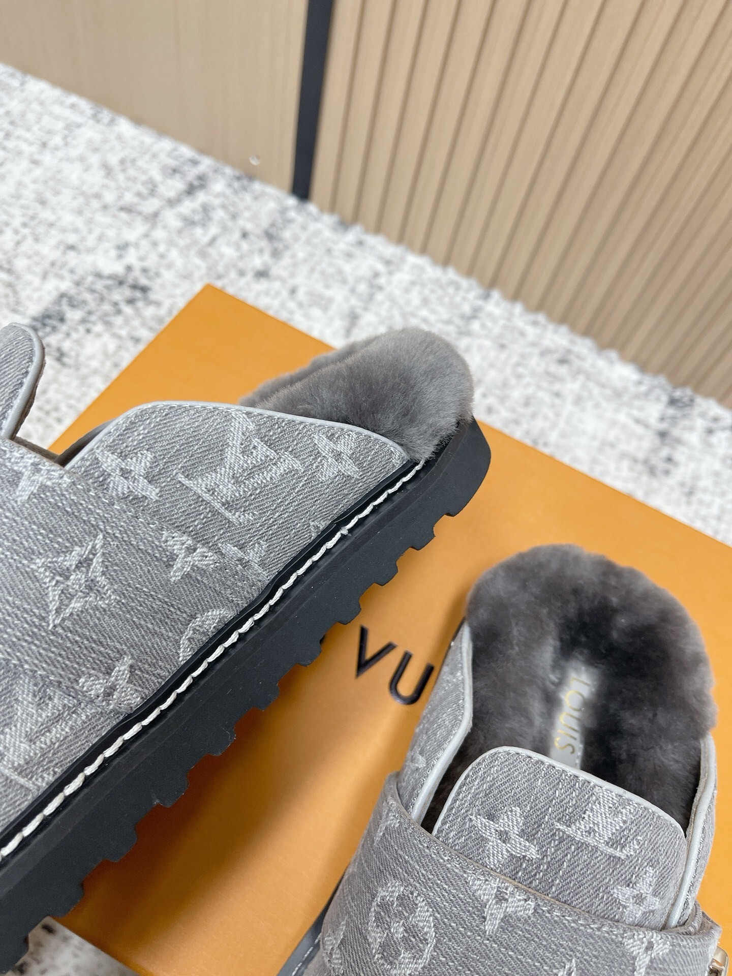Louis Vuitton Style Grey Monogram Denim Fur-Lined Mules