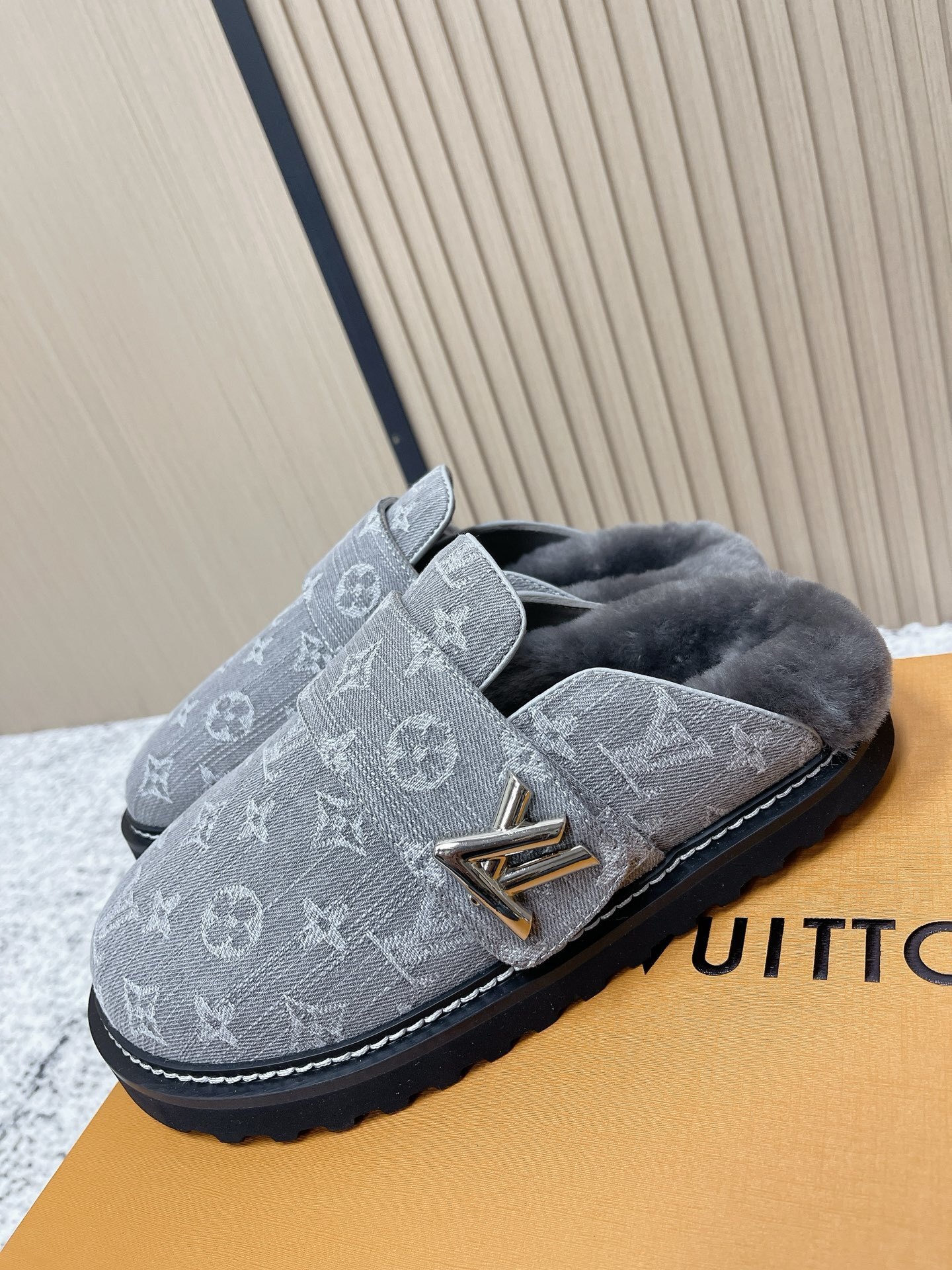Louis Vuitton Style Grey Monogram Denim Fur-Lined Mules