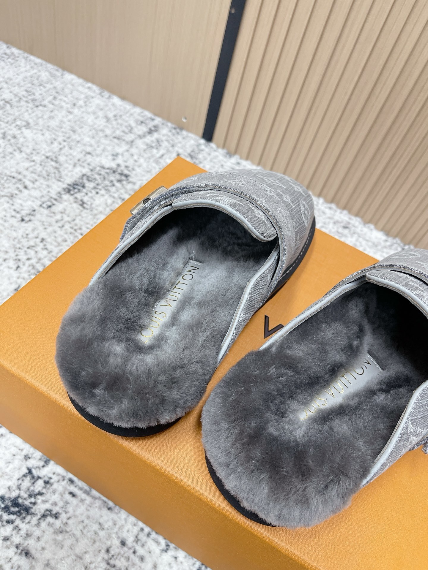 Louis Vuitton Style Grey Monogram Denim Fur-Lined Mules