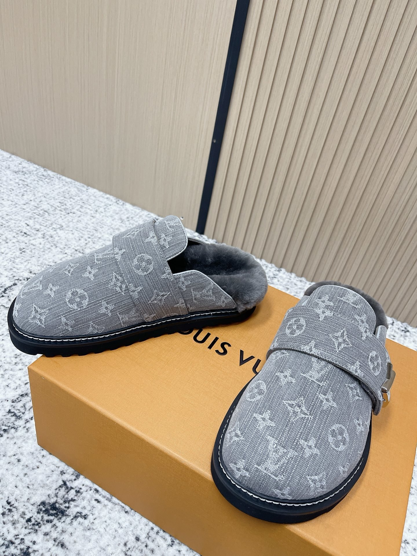 Louis Vuitton Style Grey Monogram Denim Fur-Lined Mules
