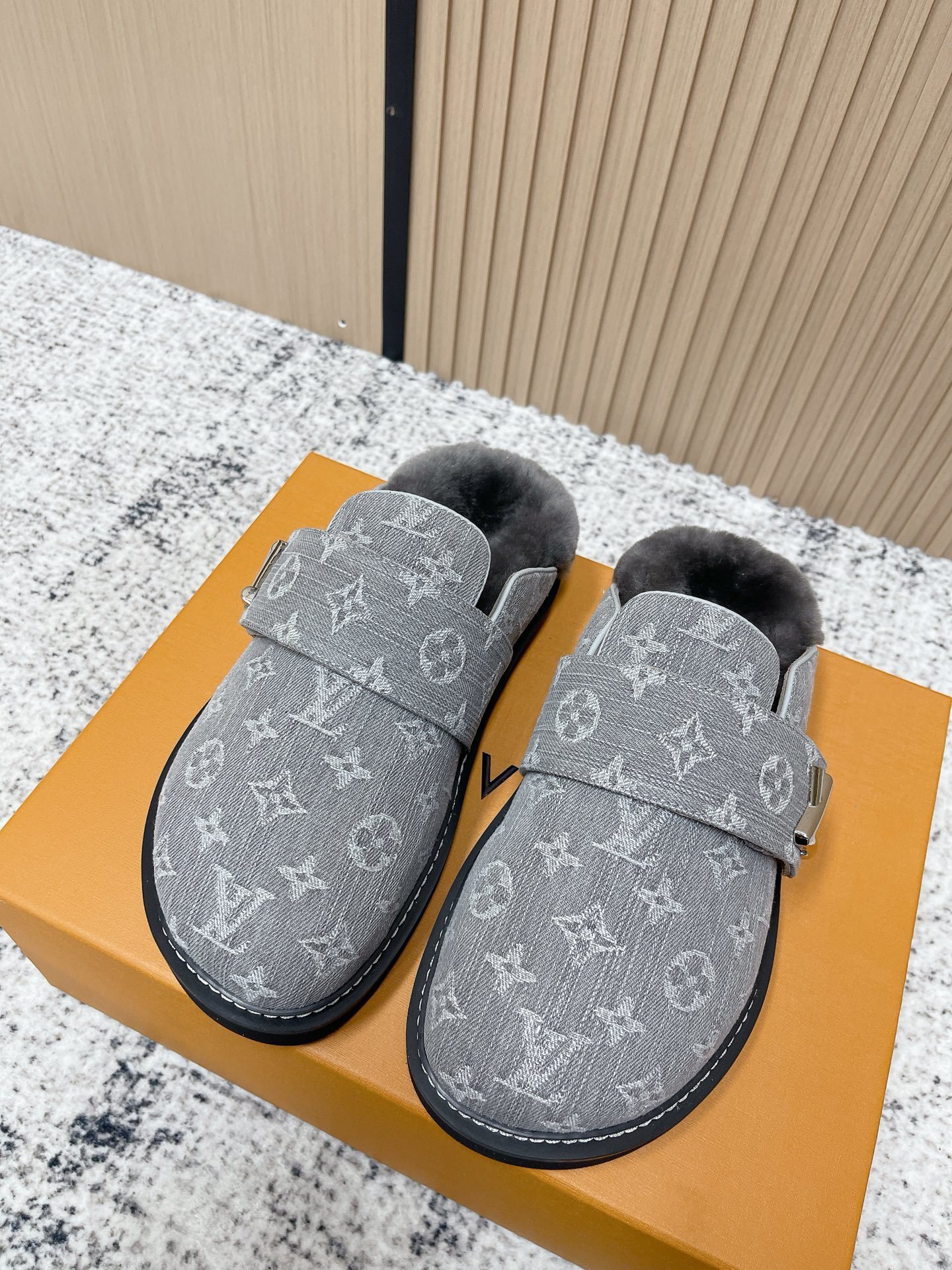 Louis Vuitton Style Grey Monogram Denim Fur-Lined Mules