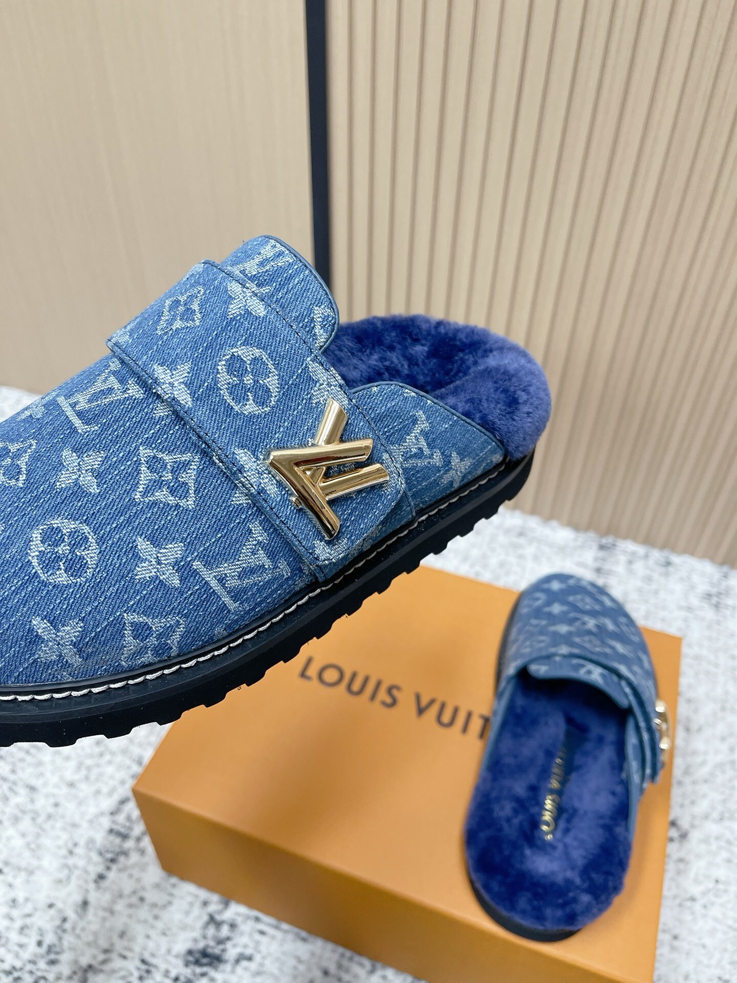 Luxury Monogram Denim Fur-Lined Mules - Premium Blue Slippers