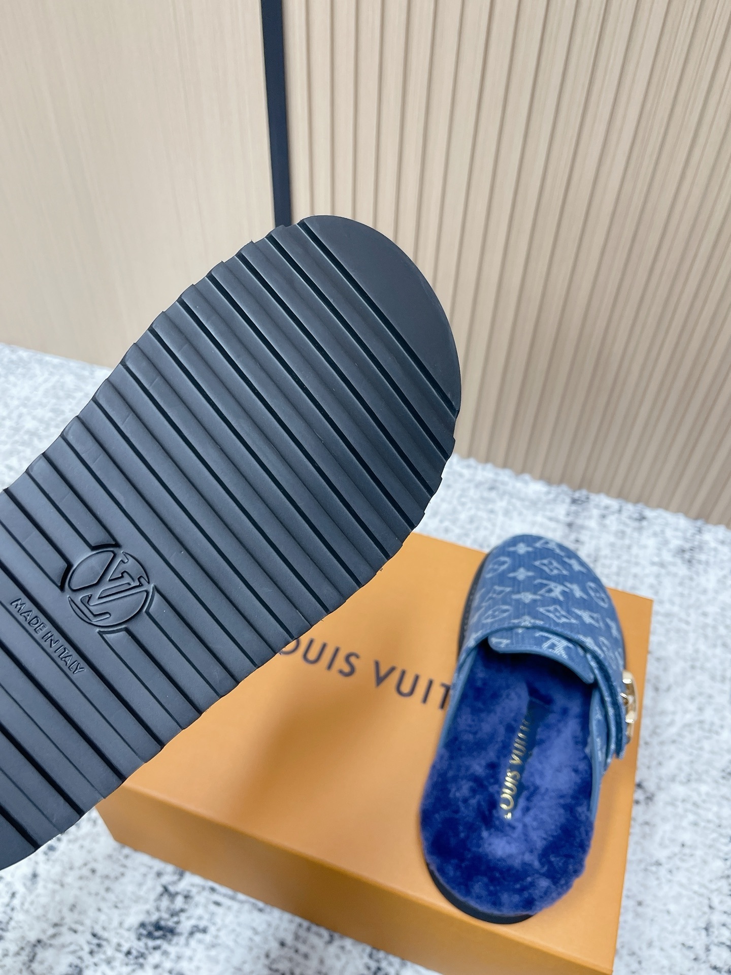 Luxury Monogram Denim Fur-Lined Mules - Premium Blue Slippers