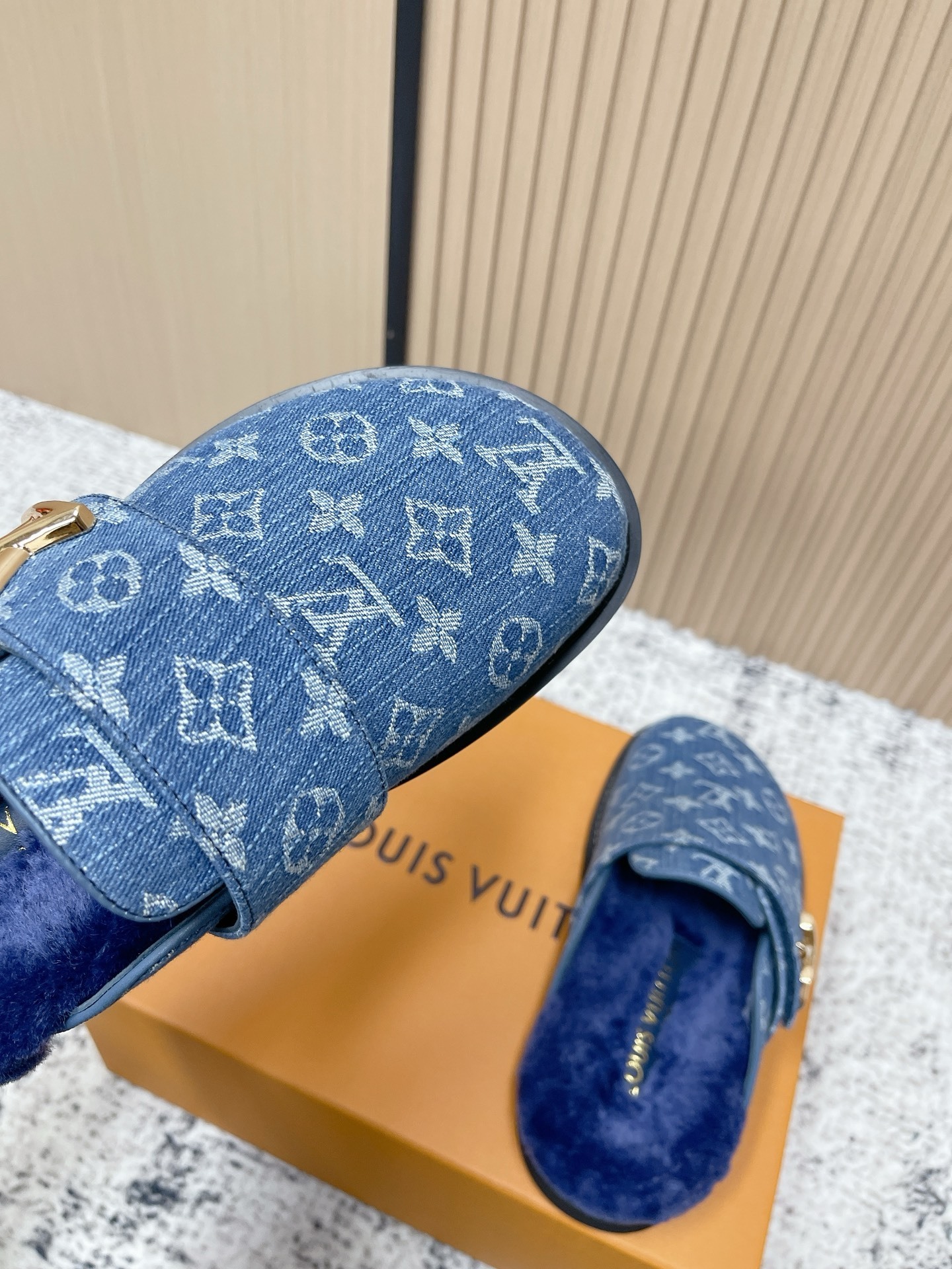 Luxury Monogram Denim Fur-Lined Mules - Premium Blue Slippers