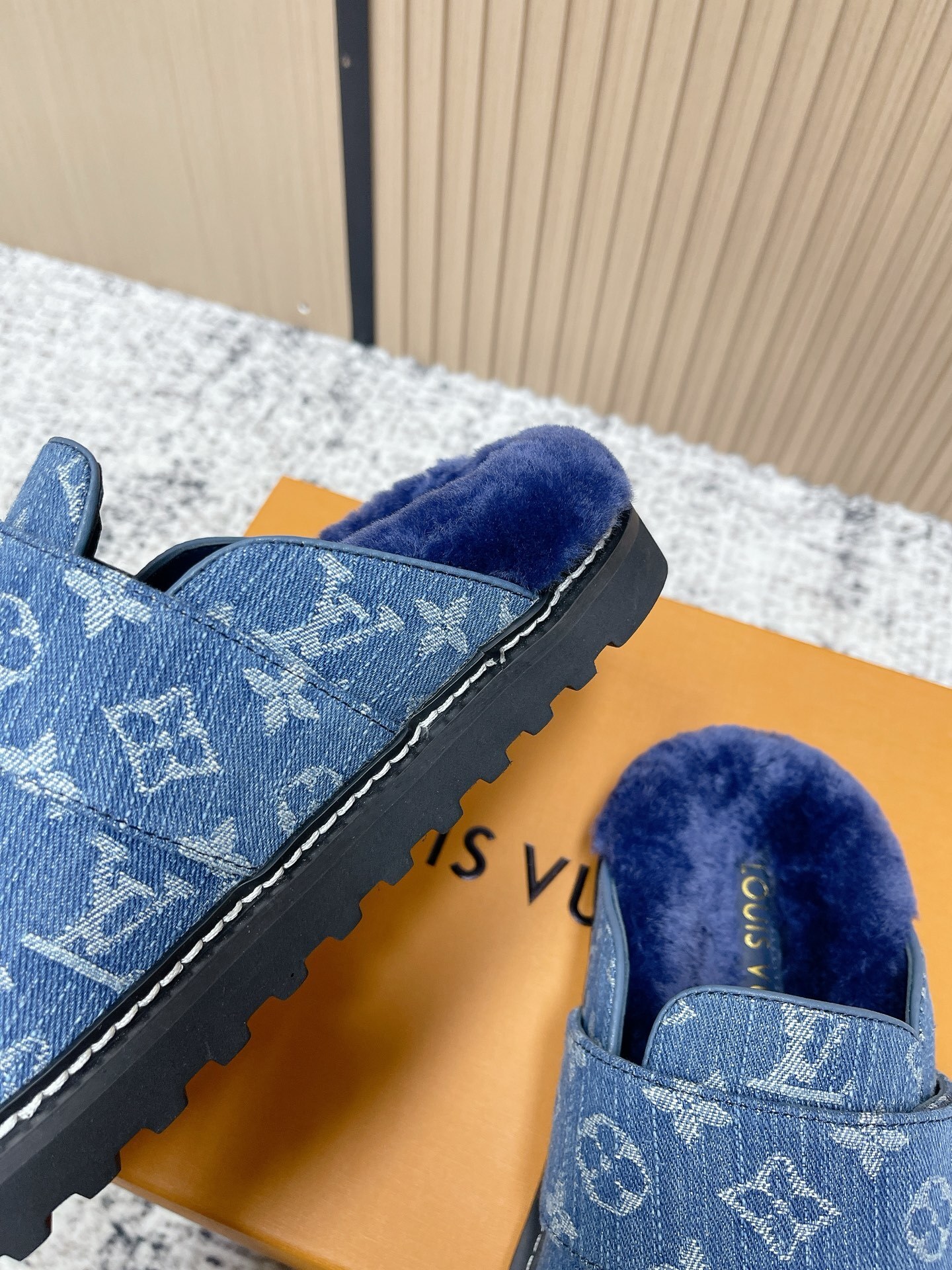 Luxury Monogram Denim Fur-Lined Mules - Premium Blue Slippers