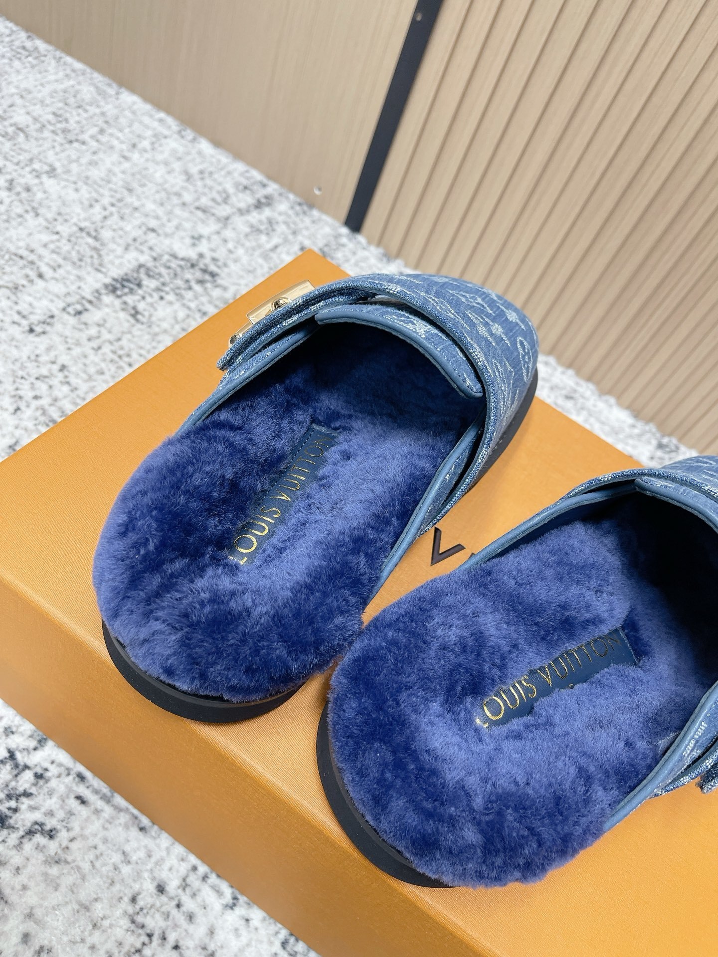 Luxury Monogram Denim Fur-Lined Mules - Premium Blue Slippers