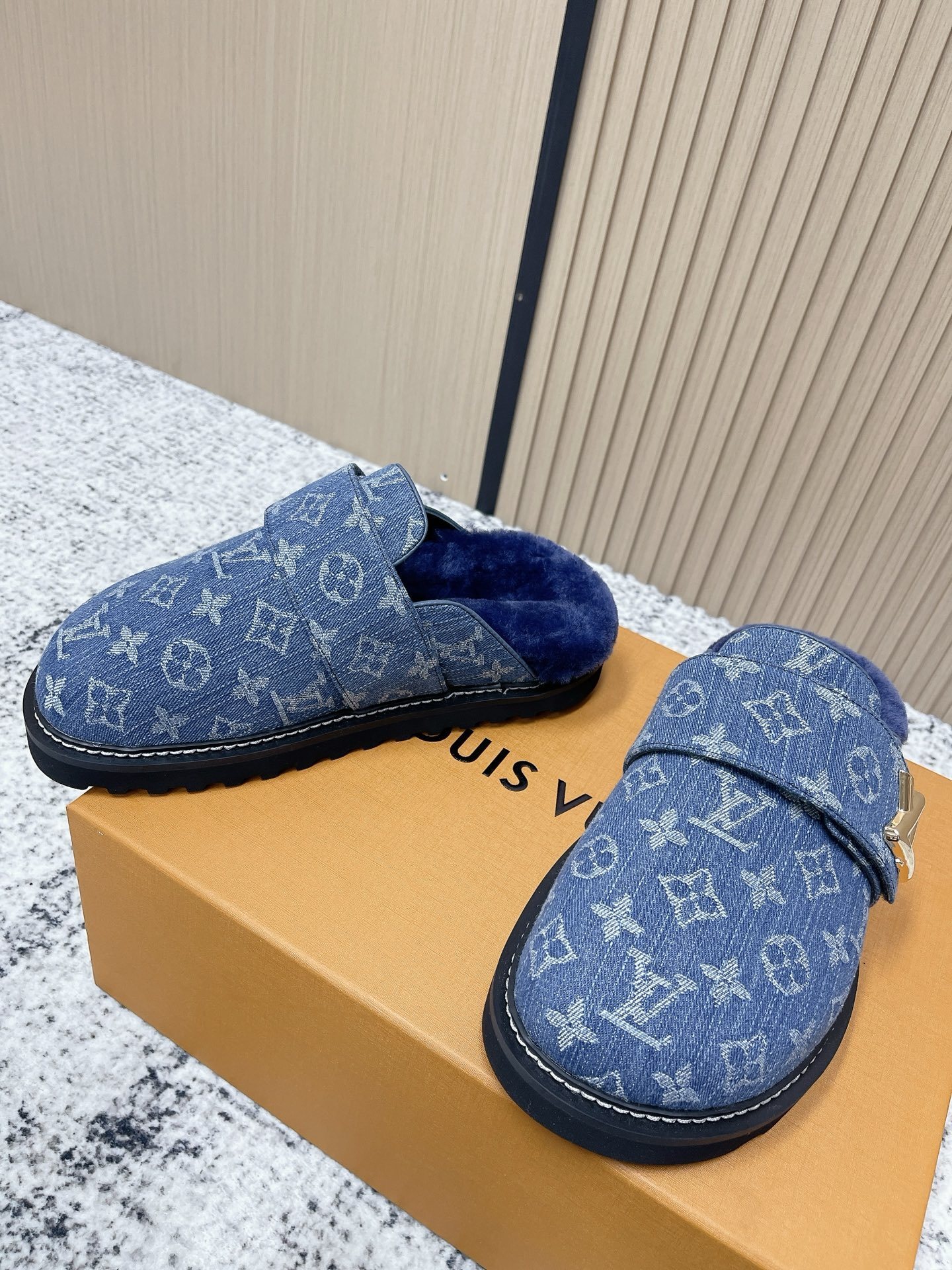 Luxury Monogram Denim Fur-Lined Mules - Premium Blue Slippers