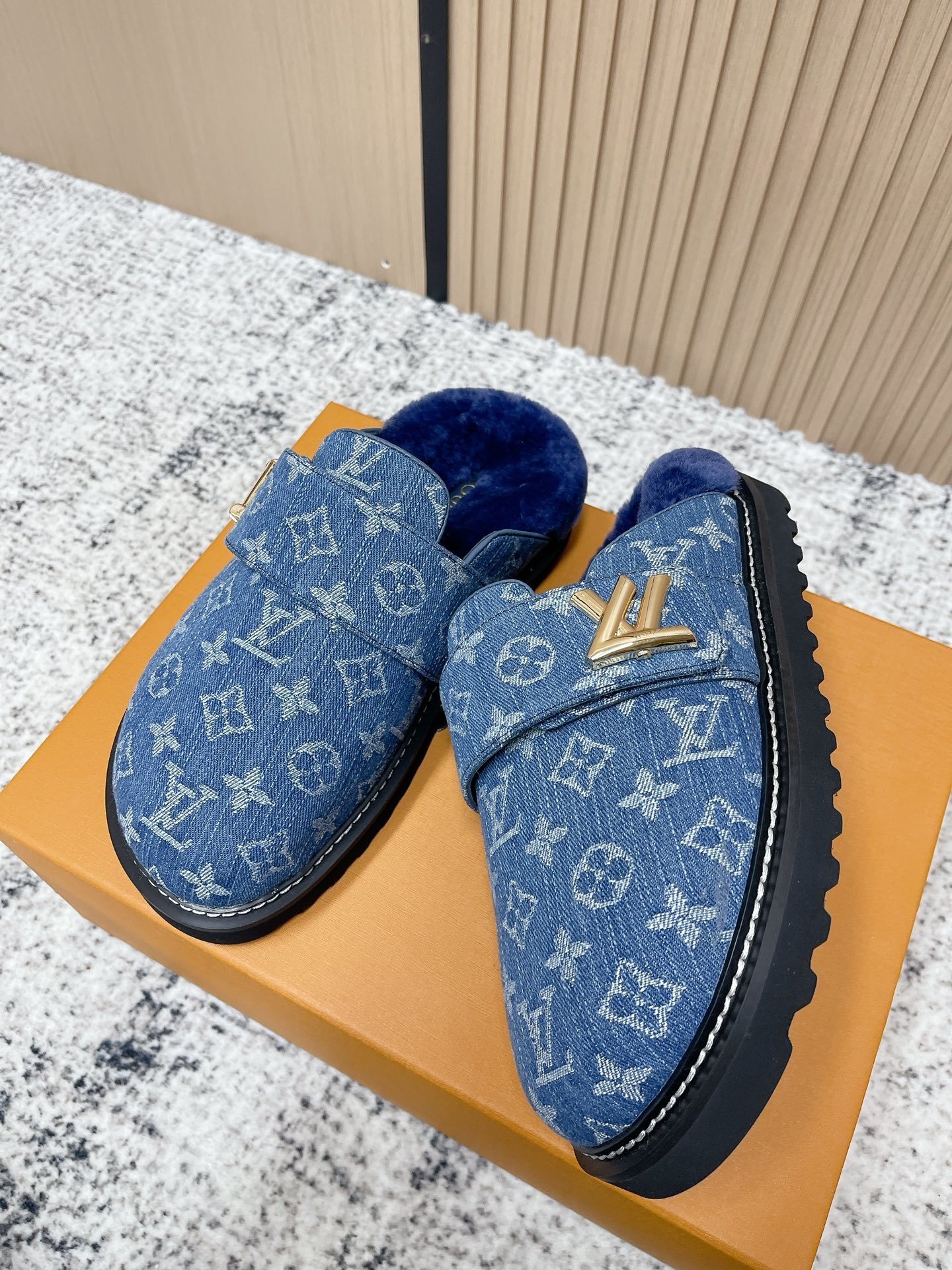 Luxury Monogram Denim Fur-Lined Mules - Premium Blue Slippers