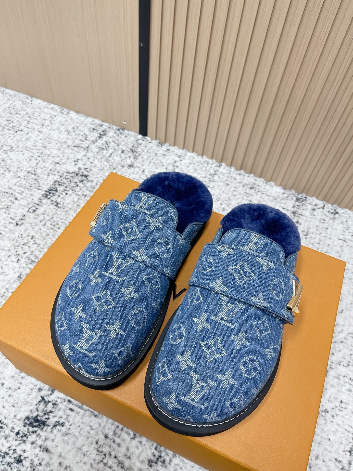 Luxury Monogram Denim Fur-Lined Mules – Premium Blue Slippers
