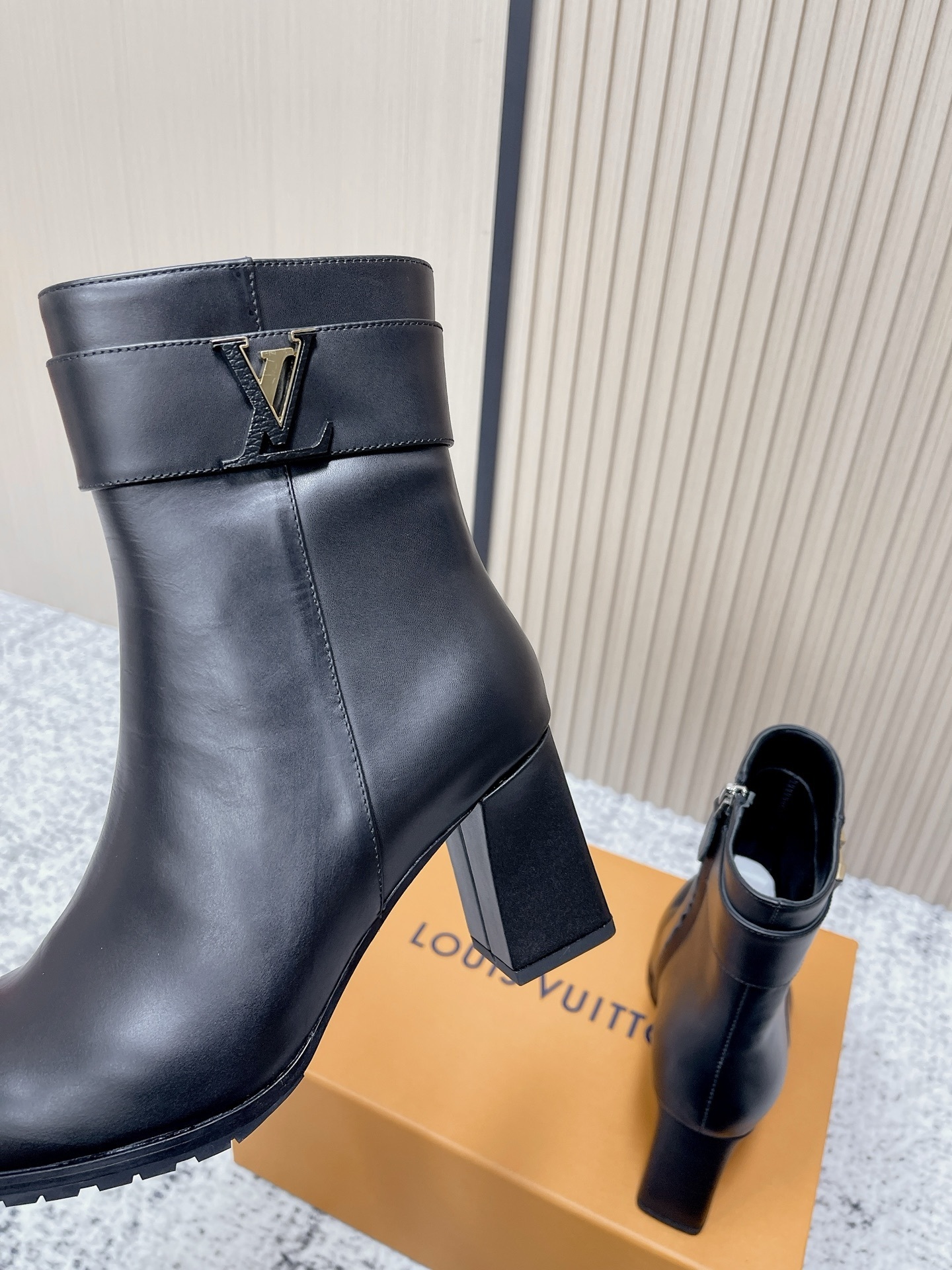Louis Vuitton Black Leather Ankle Boots with Logo Buckle