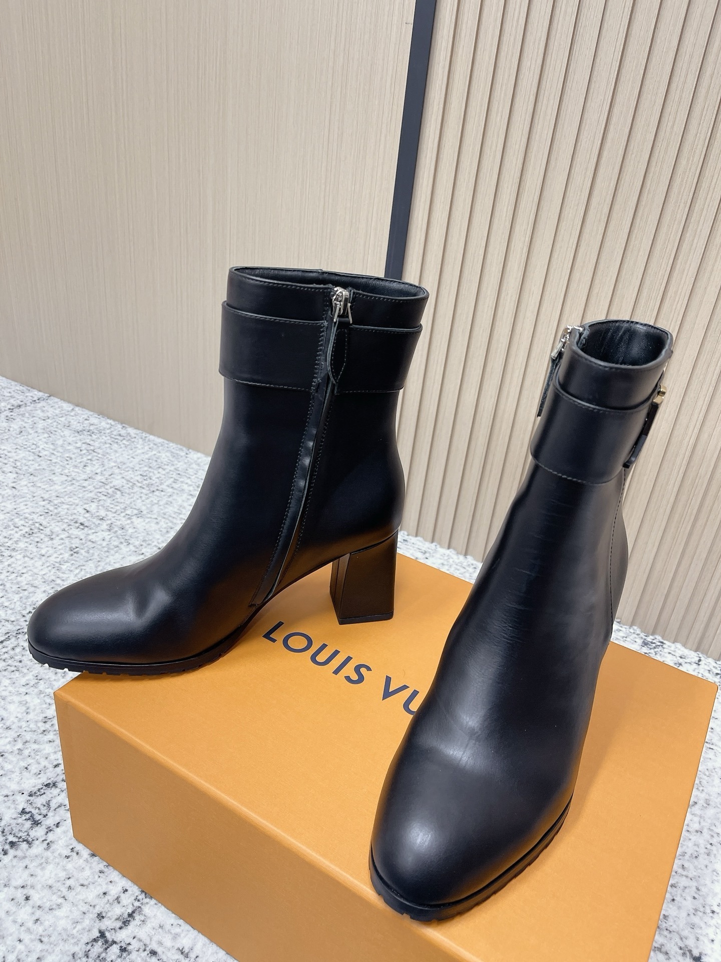 Louis Vuitton Black Leather Ankle Boots with Logo Buckle