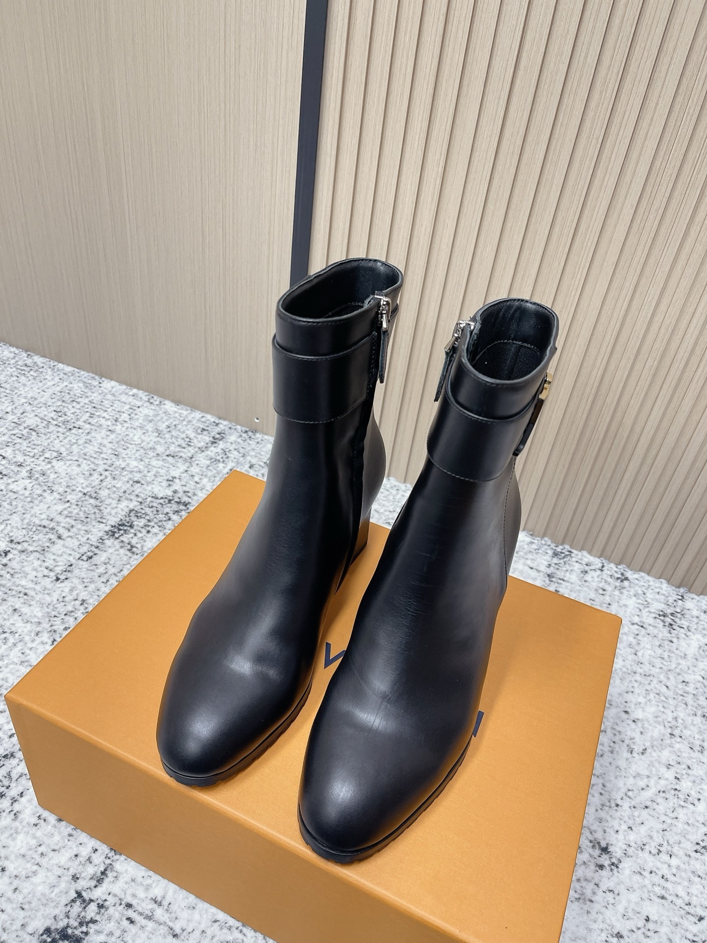 Louis Vuitton Black Leather Ankle Boots with Logo Buckle