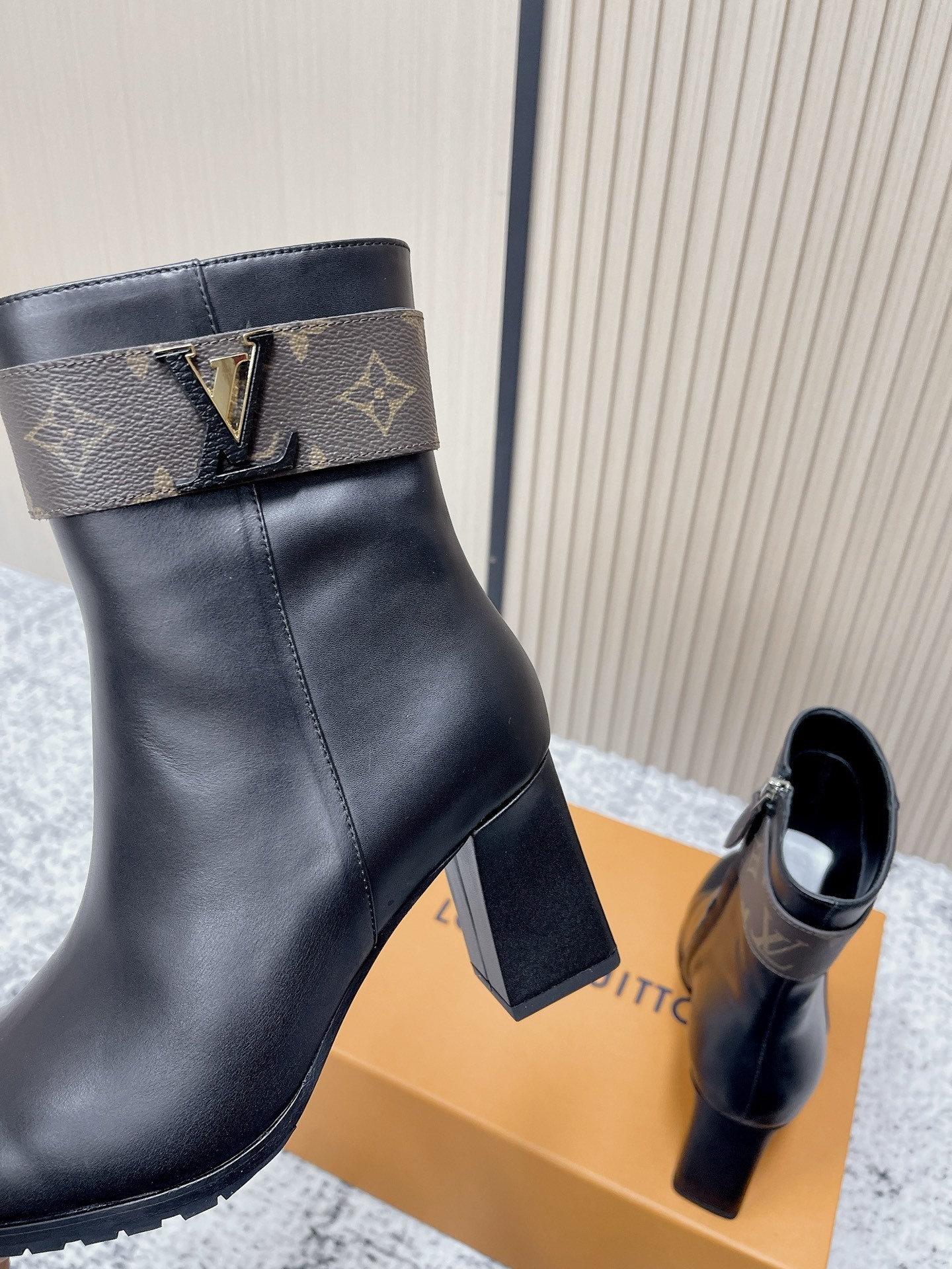 Louis Vuitton Black Leather Ankle Boots with Monogram Canvas Strap