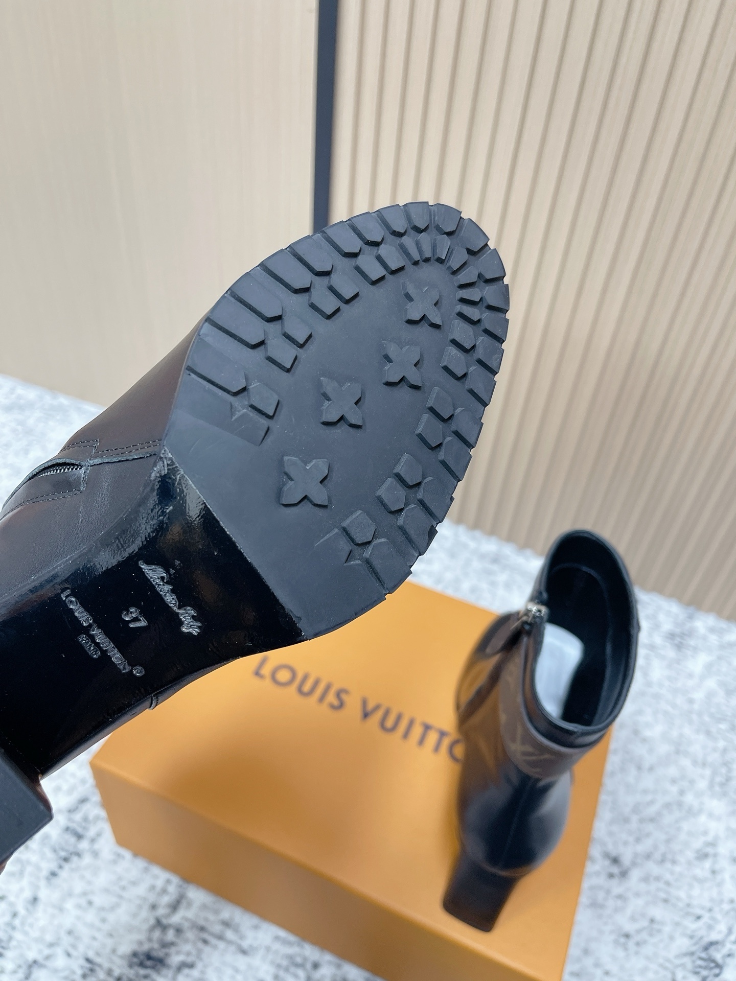 Louis Vuitton Black Leather Ankle Boots with Monogram Canvas Strap