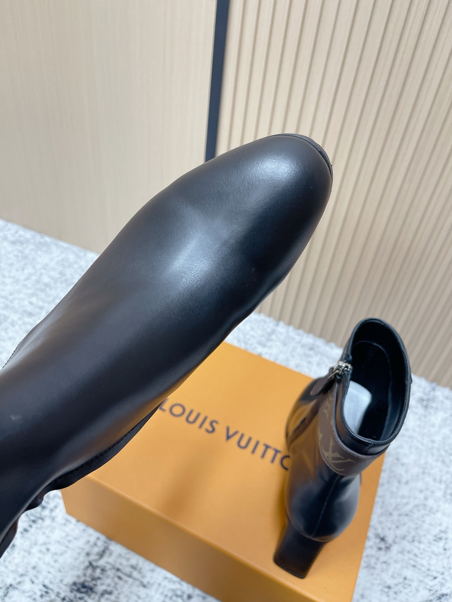 Louis Vuitton Black Leather Ankle Boots with Monogram Canvas Strap