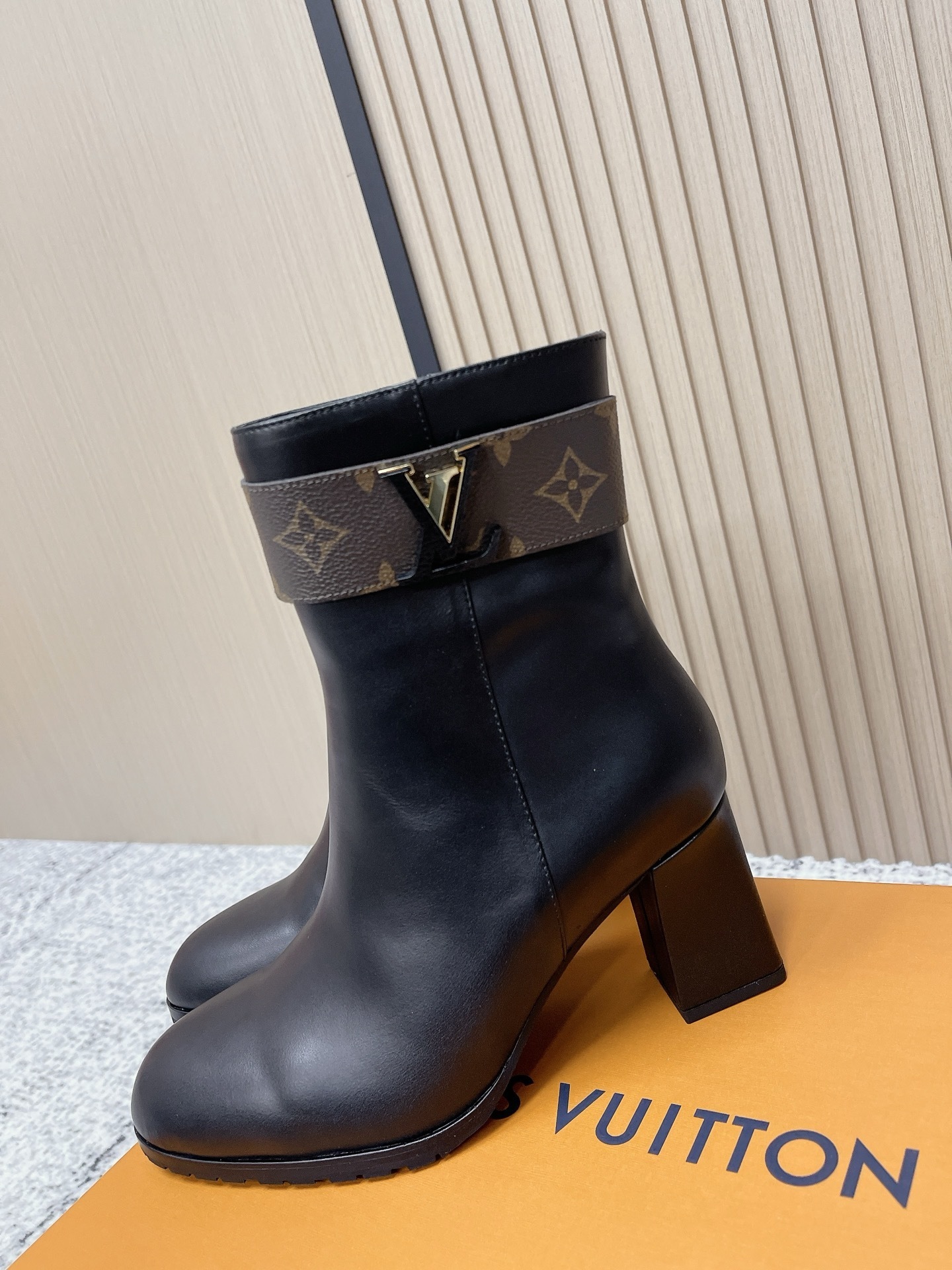 Louis Vuitton Black Leather Ankle Boots with Monogram Canvas Strap