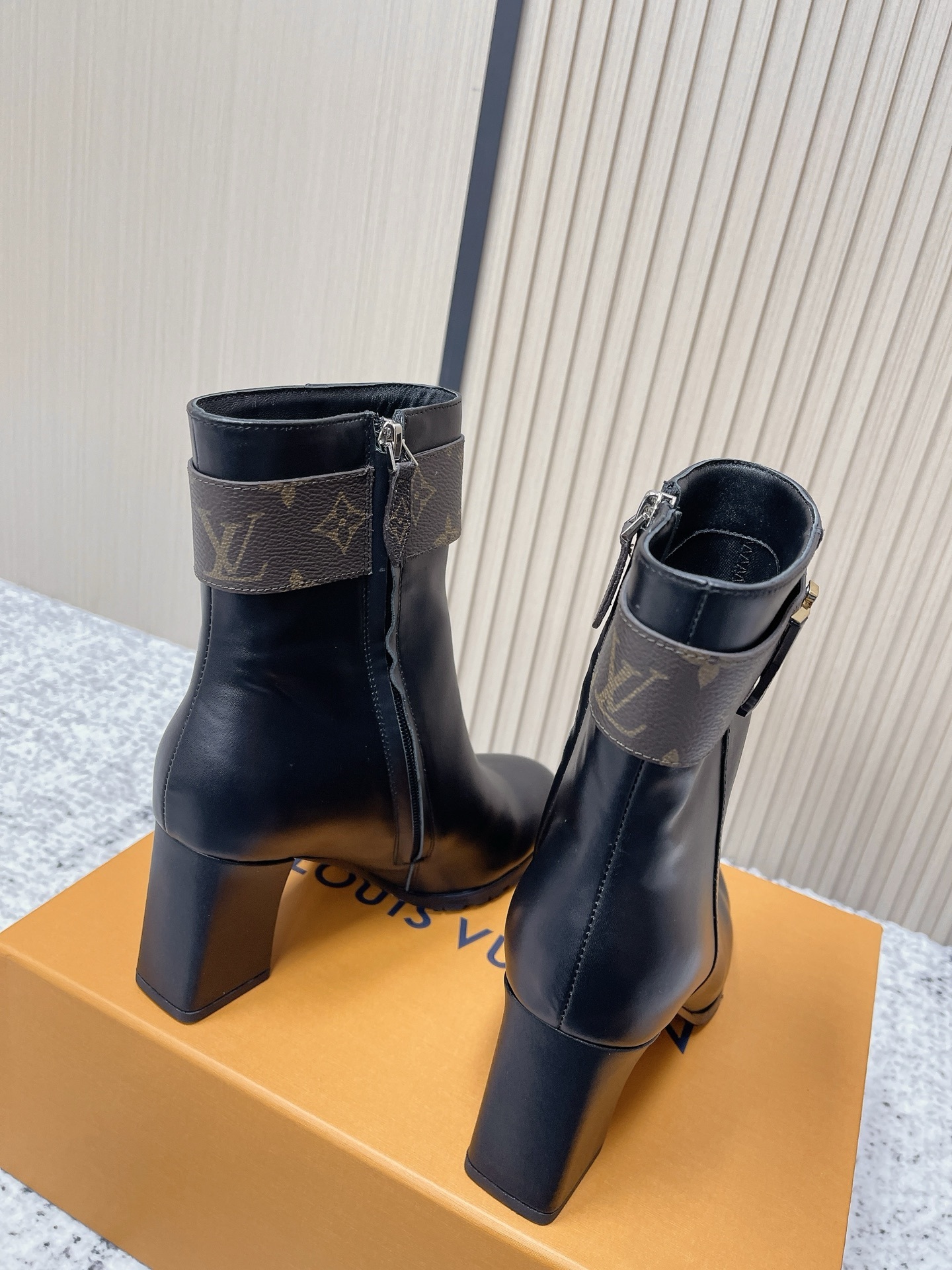Louis Vuitton Black Leather Ankle Boots with Monogram Canvas Strap