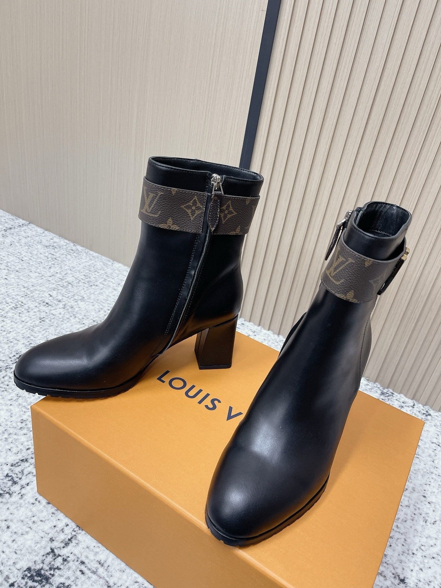 Louis Vuitton Black Leather Ankle Boots with Monogram Canvas Strap