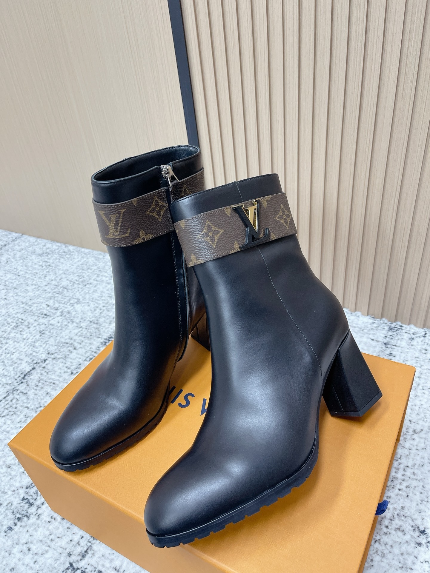 Louis Vuitton Black Leather Ankle Boots with Monogram Canvas Strap