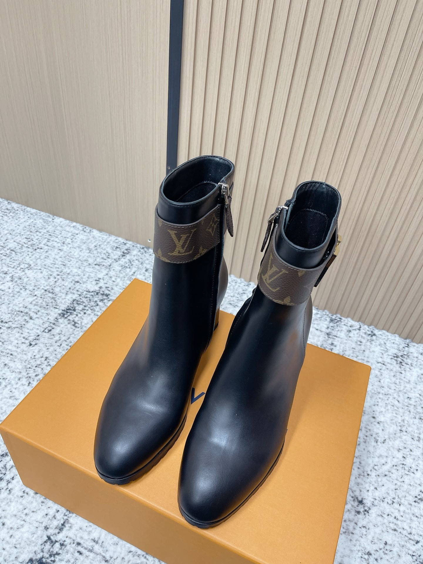Louis Vuitton Black Leather Ankle Boots with Monogram Canvas Strap