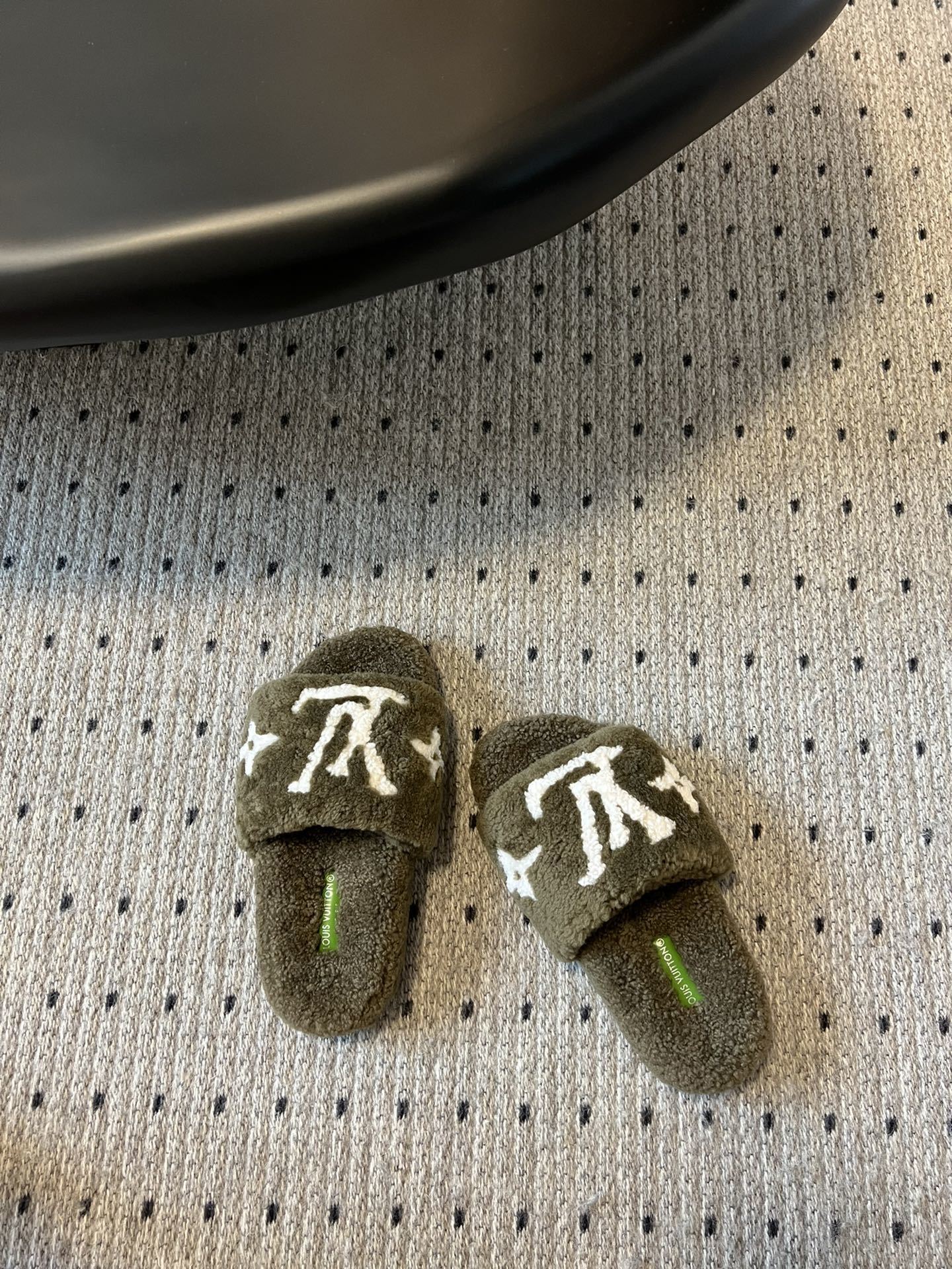 Louis Vuitton Olive Green Shearling Slippers - Luxury LV Slides