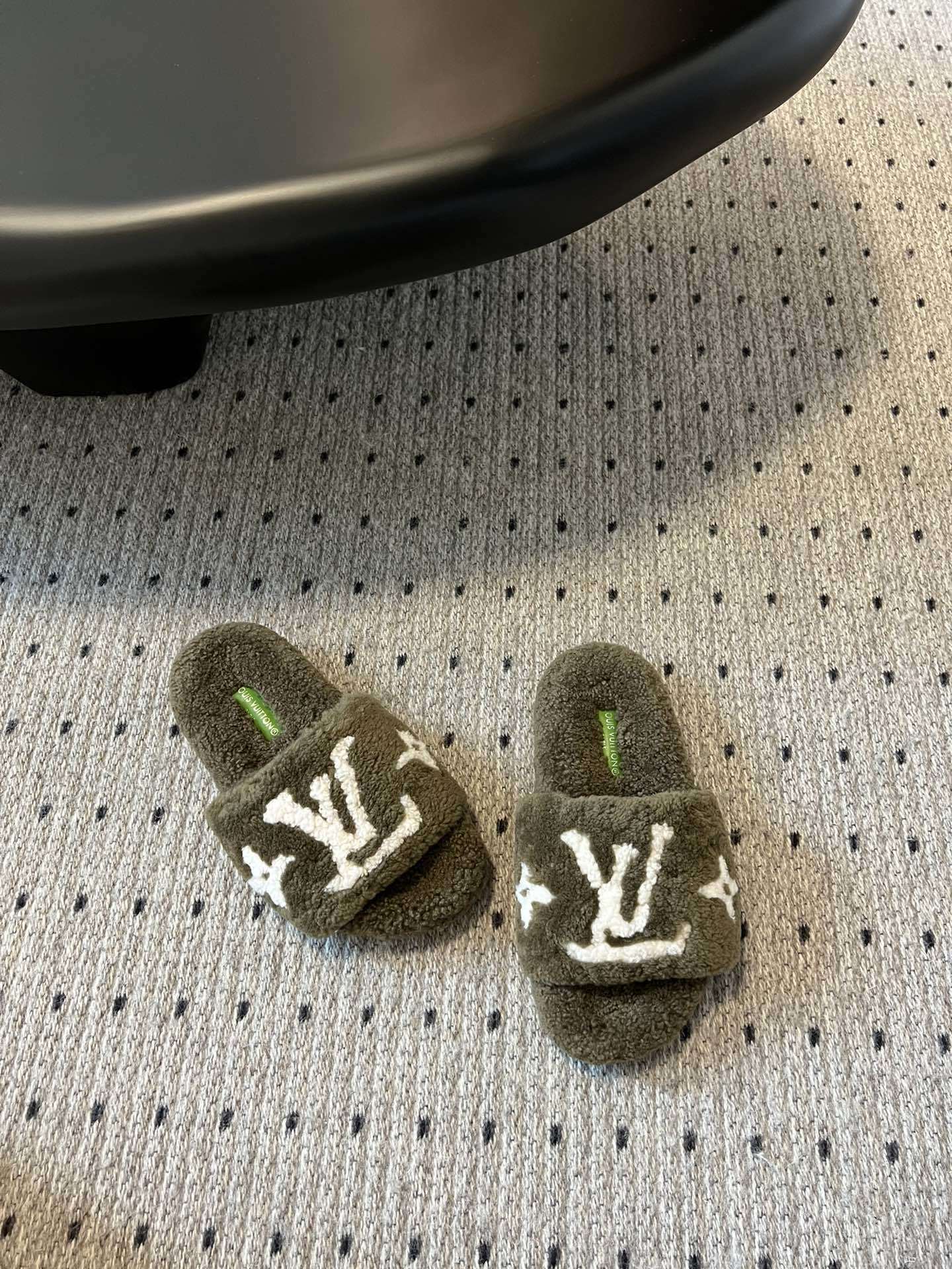 Louis Vuitton Olive Green Shearling Slippers - Luxury LV Slides