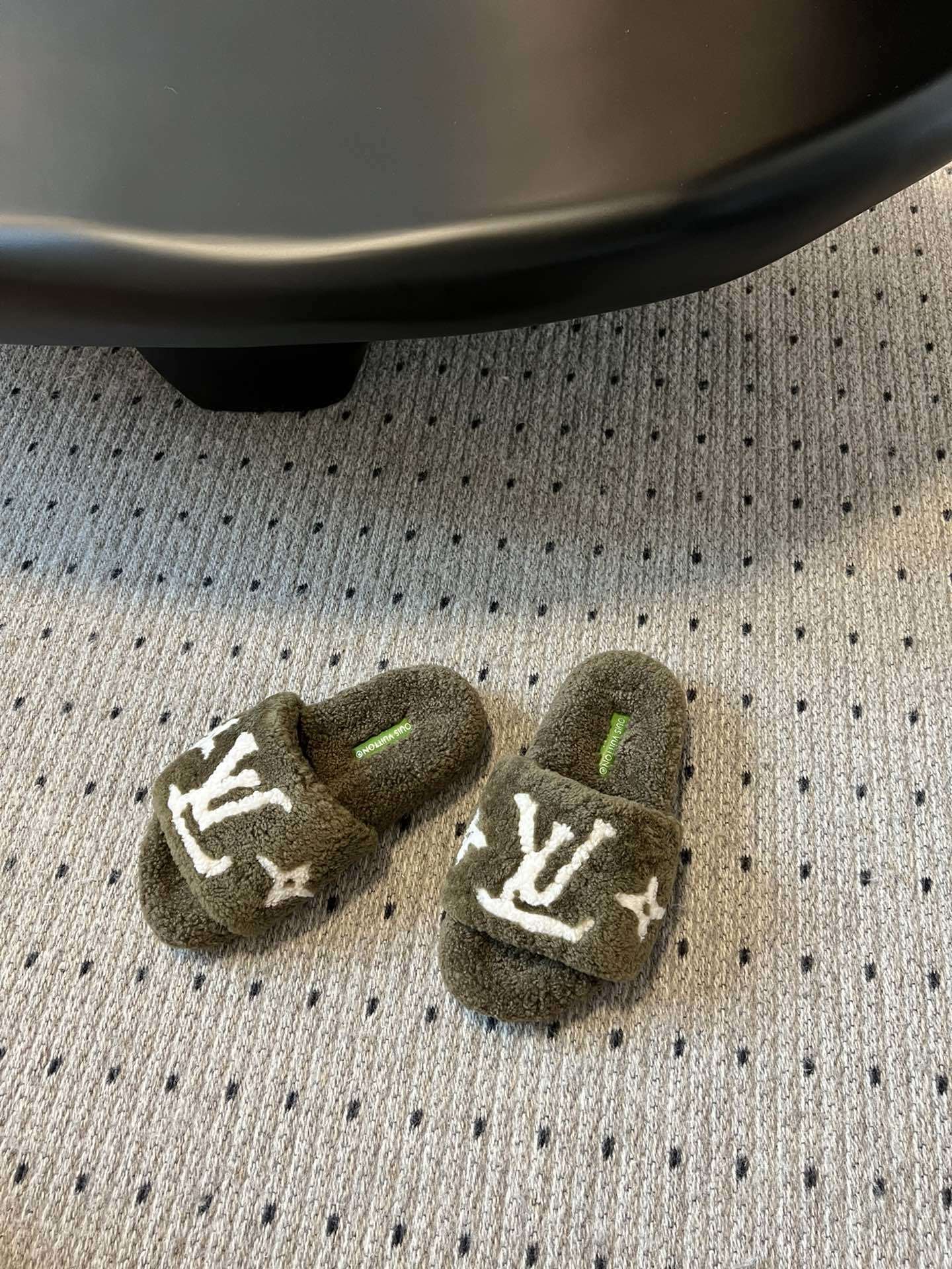 Louis Vuitton Olive Green Shearling Slippers - Luxury LV Slides