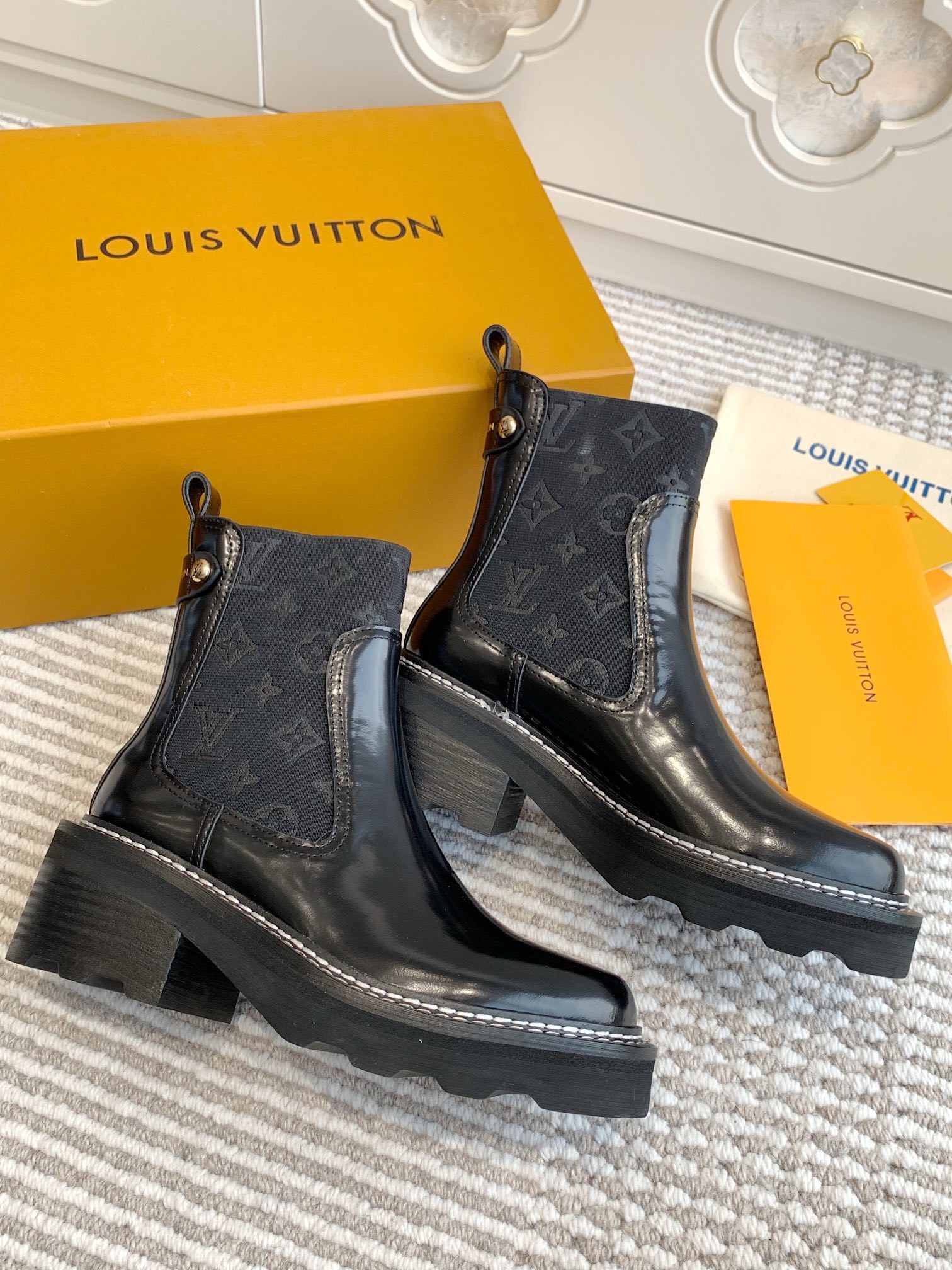 Louis Vuitton Women's Black Leather Monogram Ankle Boots