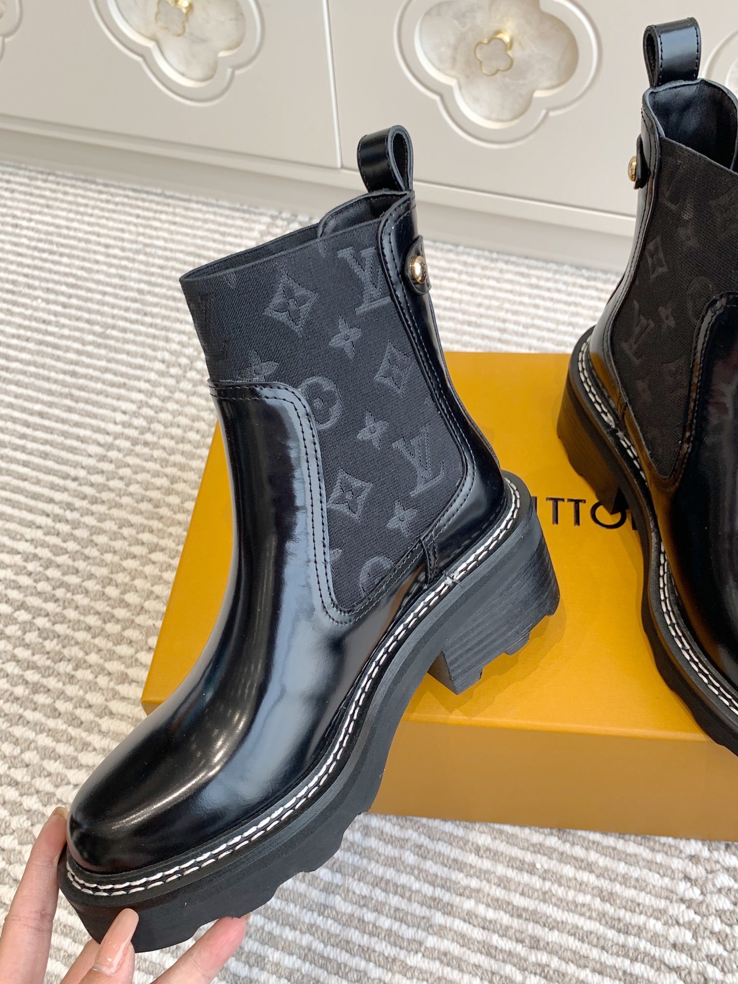 Louis Vuitton Women's Black Leather Monogram Ankle Boots