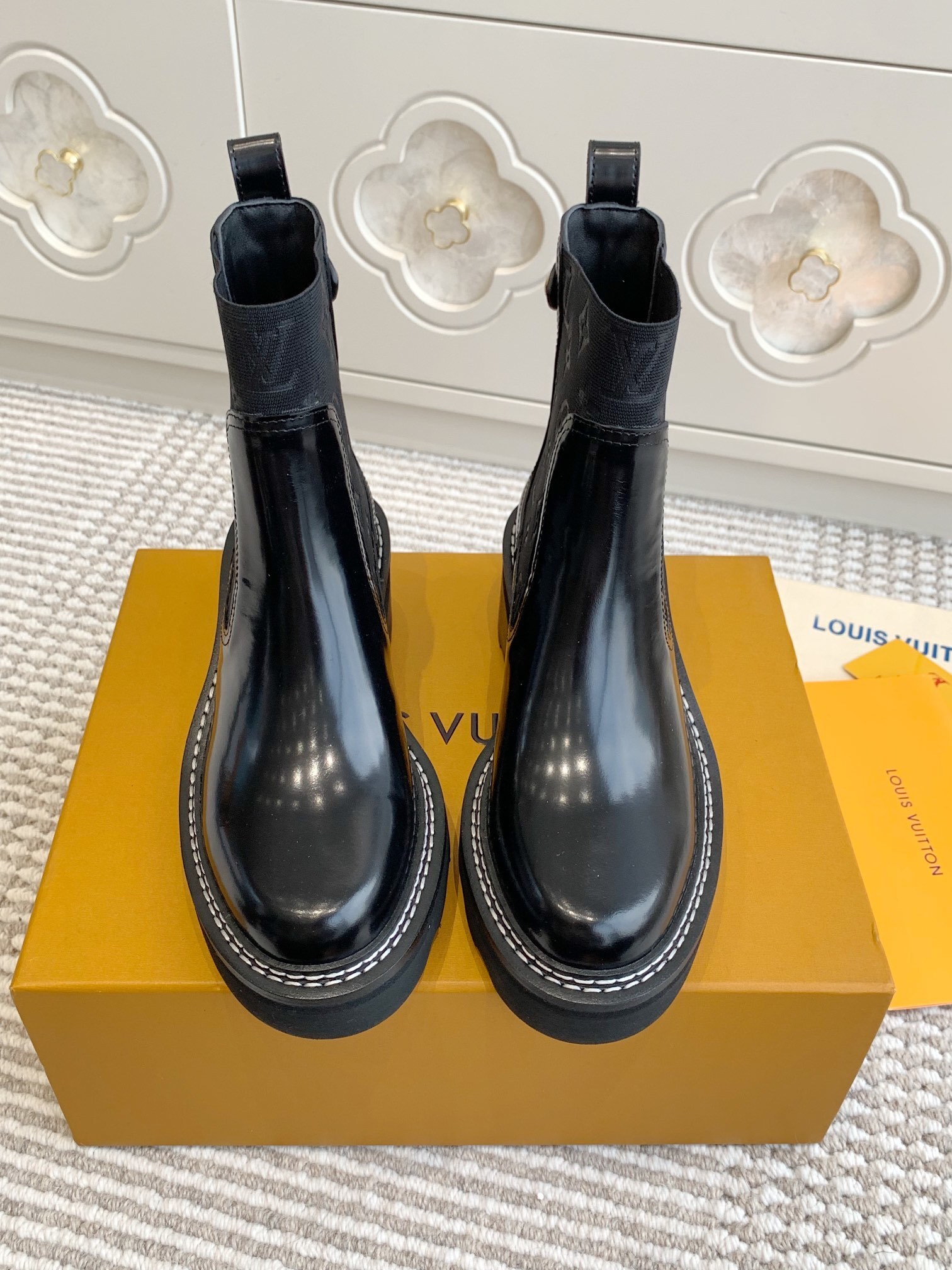 Louis Vuitton Women’s Black Leather Monogram Ankle Boots