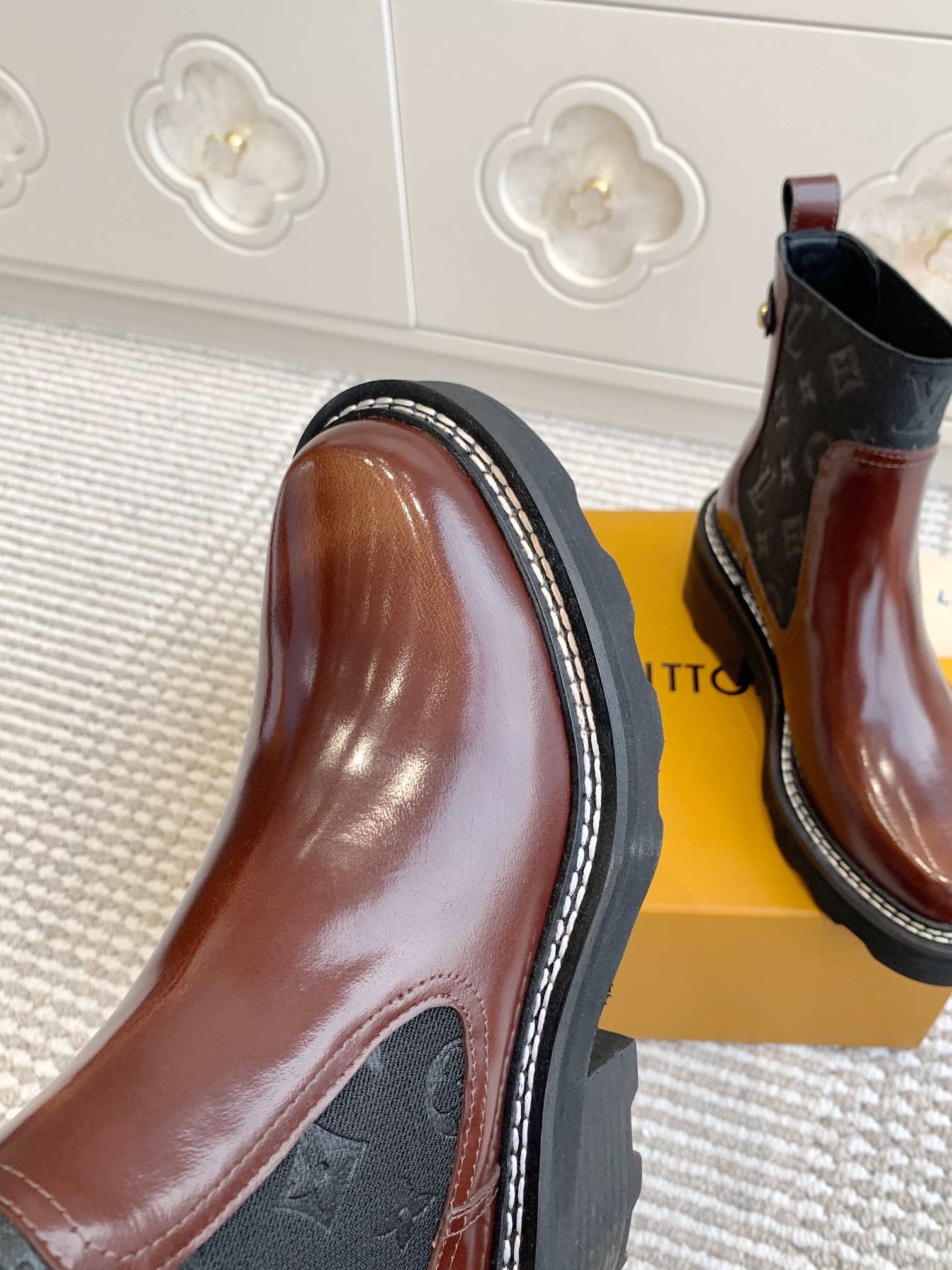 Louis Vuitton Brown Glazed Leather Flat Ankle Boots