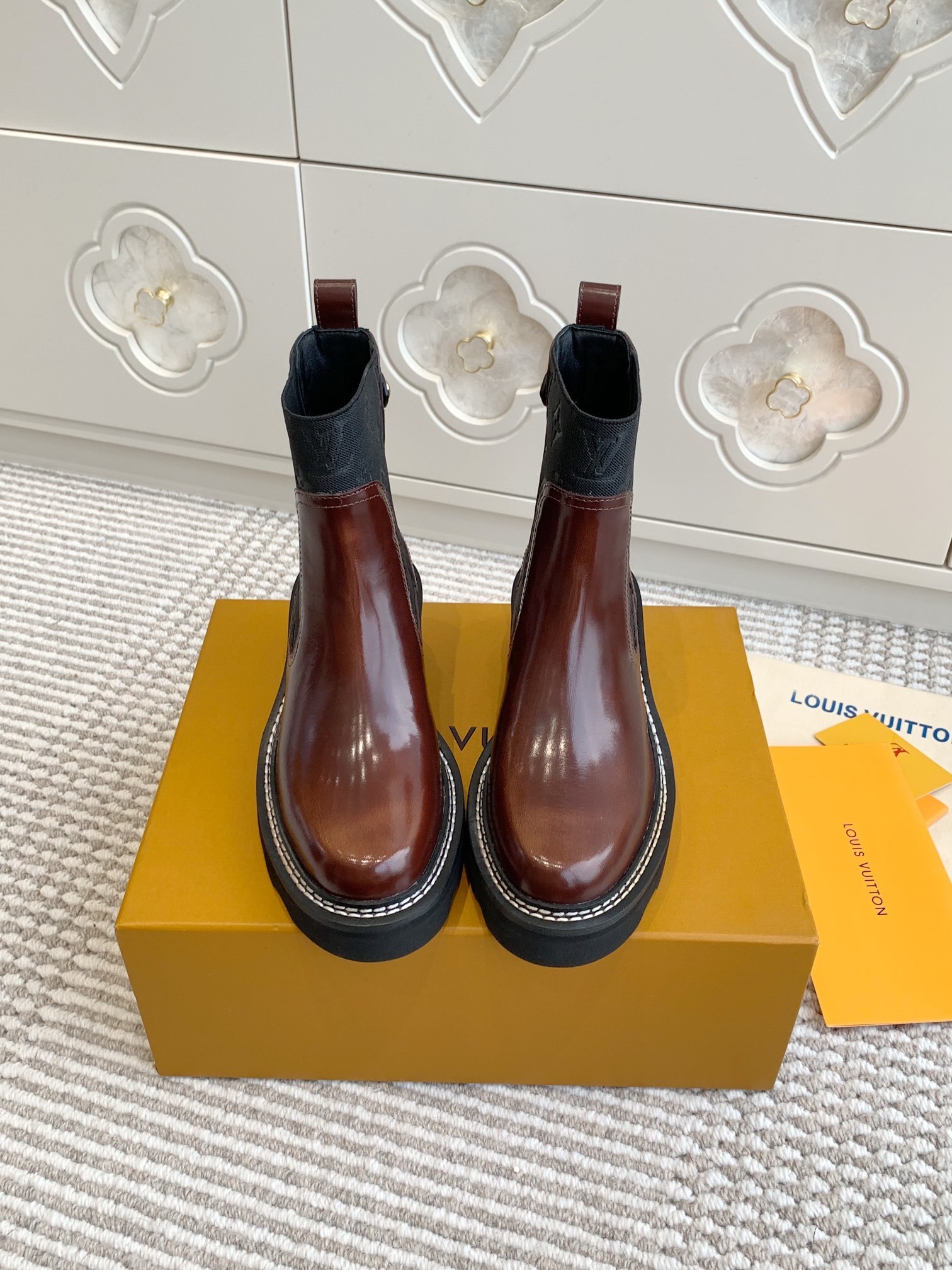 Louis Vuitton Brown Glazed Leather Flat Ankle Boots