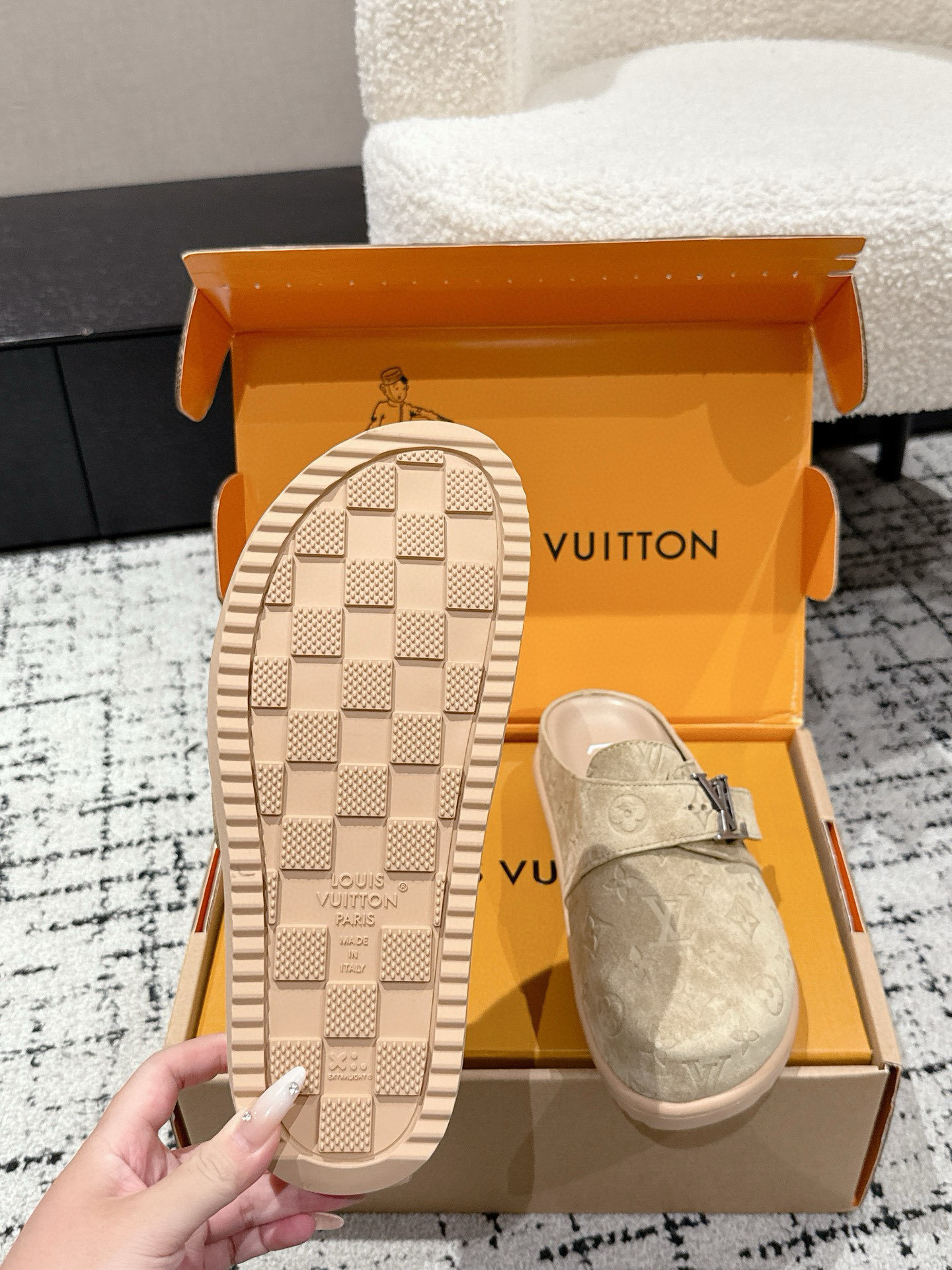 Louis Vuitton Beige Monogram Embossed Suede Mules - Luxury Clogs