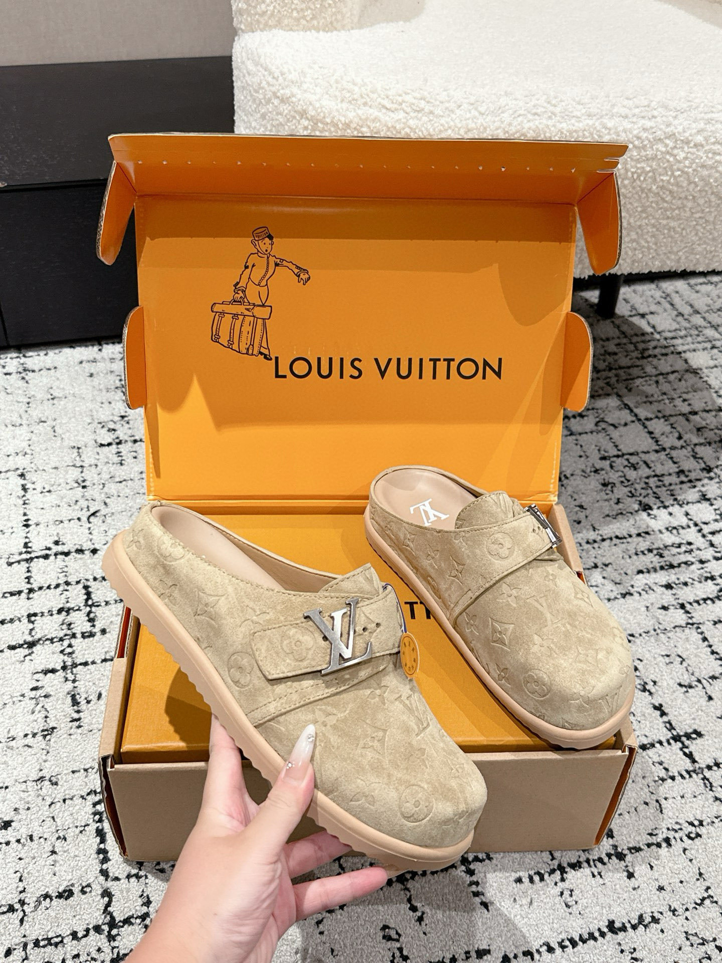Louis Vuitton Beige Monogram Embossed Suede Mules - Luxury Clogs