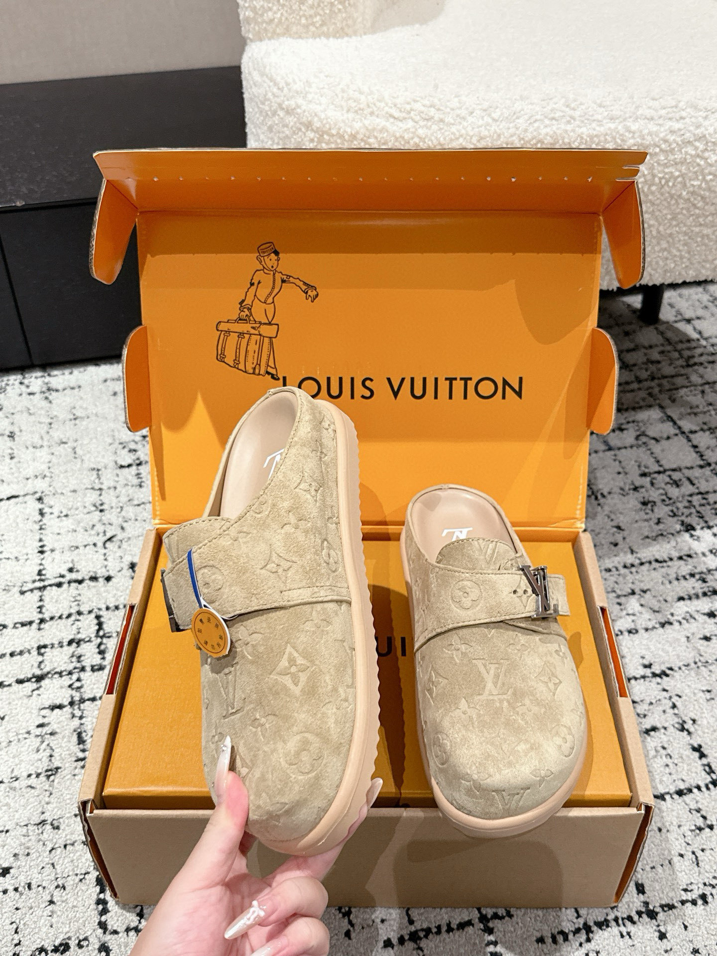 Louis Vuitton Beige Monogram Embossed Suede Mules - Luxury Clogs